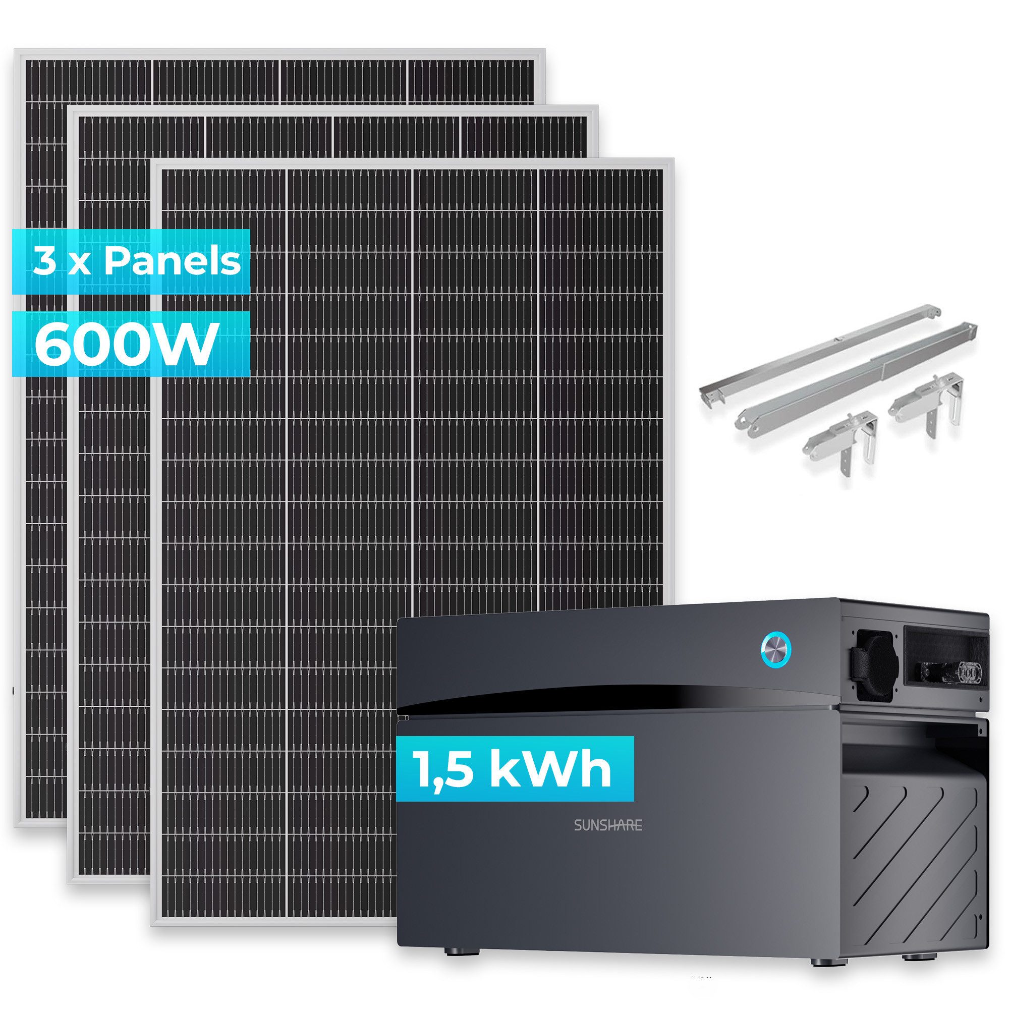 Sunshare Balkonkraftwerk Ray Lite Balkonkraftwerk Set 600 W (3x200W) + 1,5 kWh Stromspeicher, 600 W, Monokristalline N-Typ TOPCon, (Balkonkraftwerk-Set, 1-St., 3 Ray Lite Solarmodule, 3 Universalhalterungen und 1 Glory Speicher), App-Steuerung, Smart-BMS, IP65-Schutz und wetterfestes Design