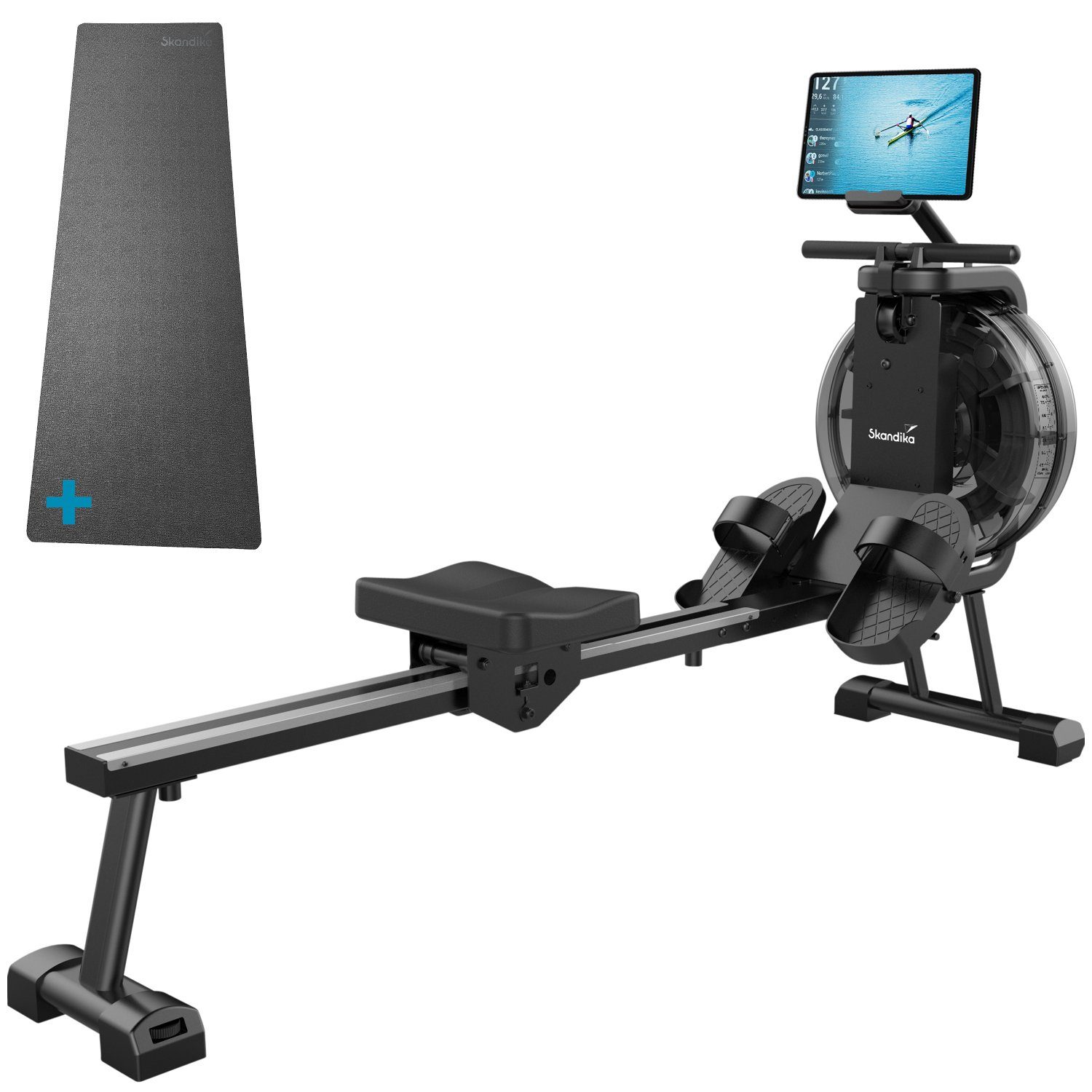 Skandika Rudergerät Mora mit Matte, Wasser Rudergerät für Zuhause, mit Wasserwiderstand (mit Bodenschutzmatte), KinomapApp kompatibel, Bluetooth, Computer, Tablet Halterung, 90° Tank