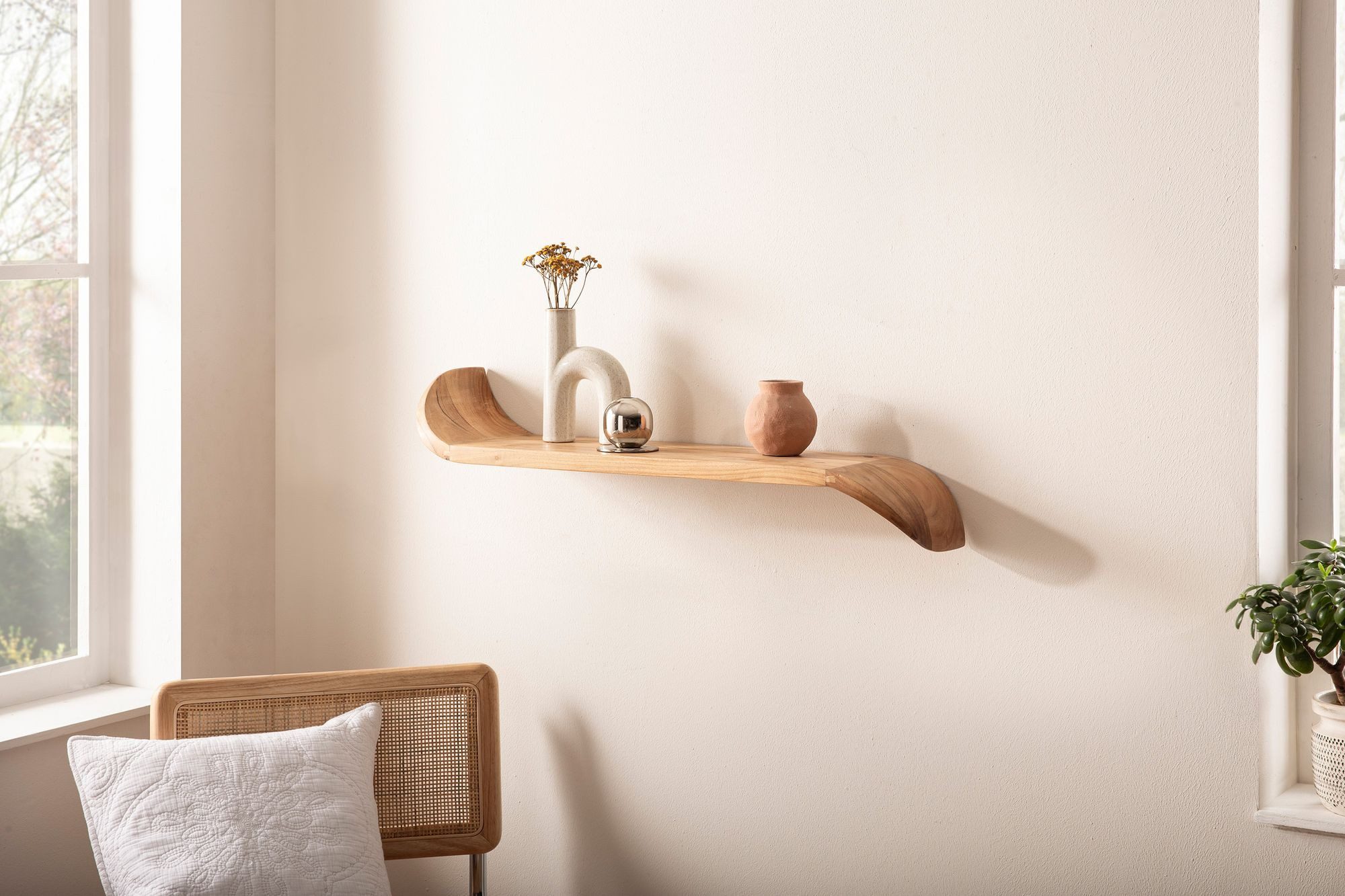 FINEBUY Wandregal FB74702 Wandregal Mango Massivholz 60cm Hängeregal modern geschwungen, Natürlich schön und funktional, Handgefertigt aus Mango Massivholz