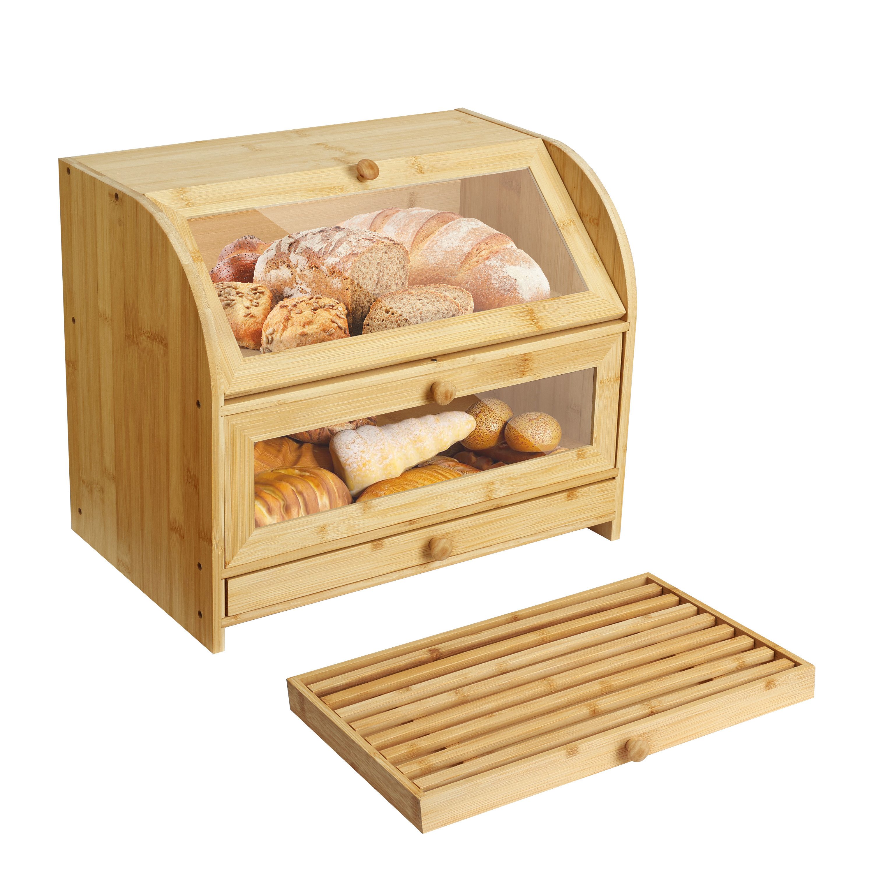 Ribelli Brotkasten Brotkasten für Küche, bambus, 2 Etagen mit Schublade, ca. 39 x 25 x 32 cm