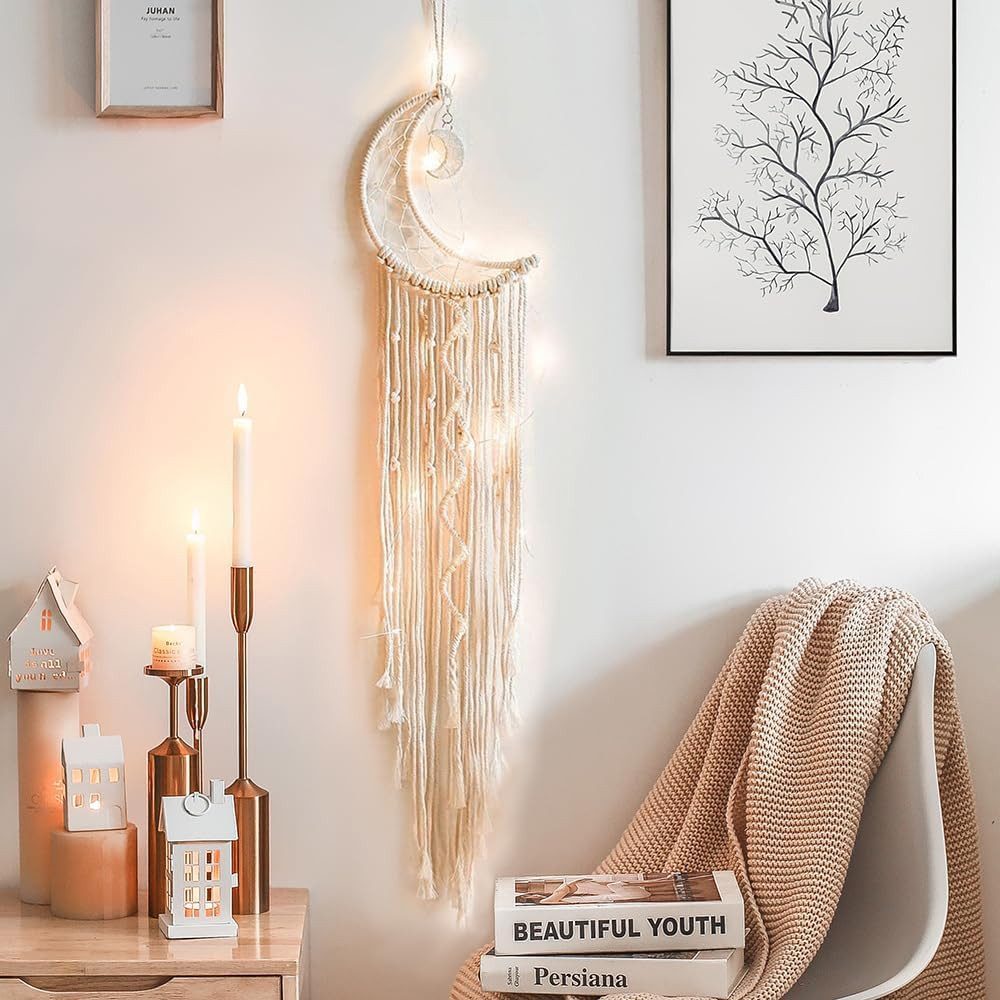 Holz Lichter Wanddekoobjekt Makramee Wandbehang Halbmond – Handgefertigte Boho Wanddekoration (Liebevolle Handarbeit, Warme Atmosphäre), Halbmond-Design mit Mak – Bild 4 von 5