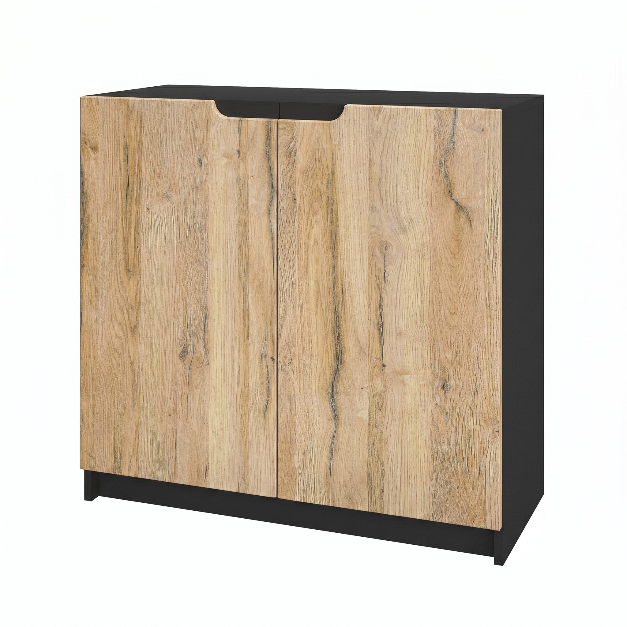 Vladon Kommode Logan (Kommode, mit 2 Türen), Schwarz matt/Eiche Natur (82 x 78 x 37 cm)