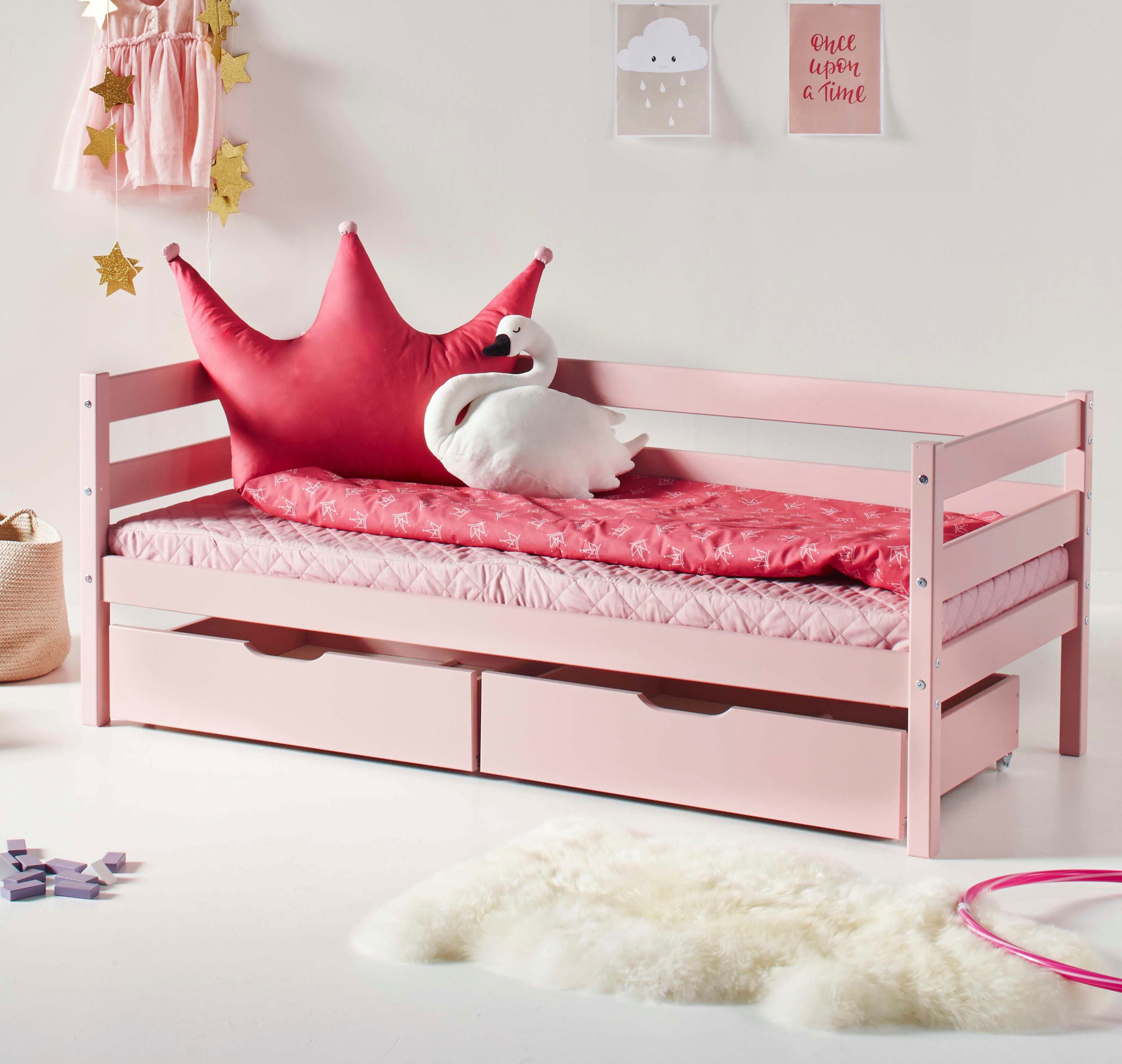 rosa Hoppekids mit in mit ECO wahlweise 8 Comfort und Absturzsicherung Einzelbett (Set), Matratze Rollrost Farben,