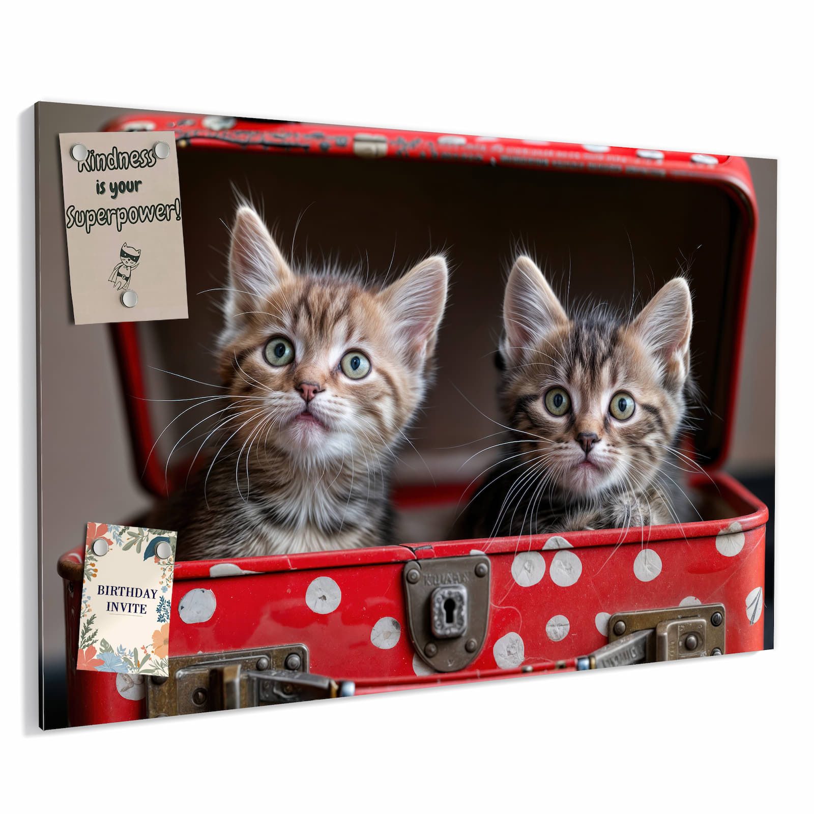 Primedeco Memoboard Metall Katzen im Koffer – beschreibbar & magnetisch, (Inklusive Stift, Magnete und Montagematerial, 1-tlg., 9 verschiedene Größen), Magnetisch und Beschreibbar