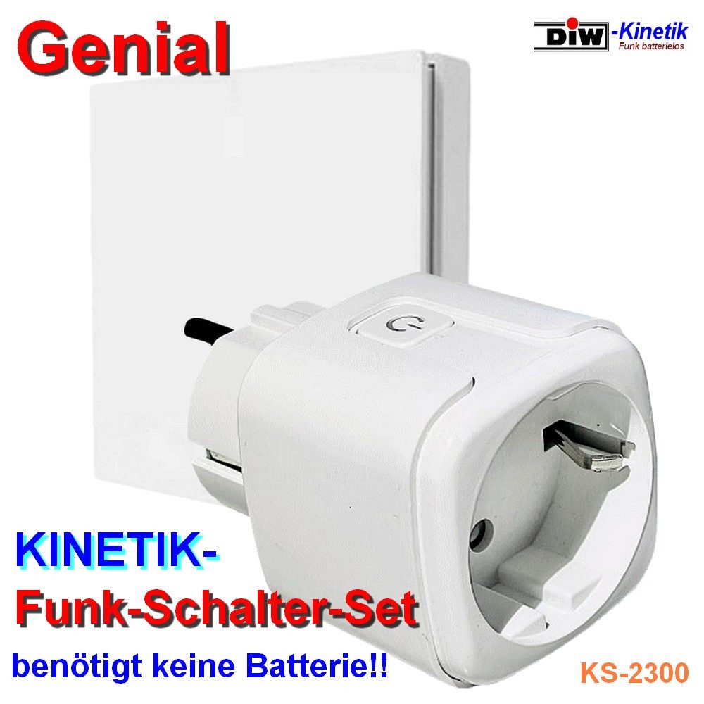 DIW-Funk Funk-Empfangsmodul KS-2300 Funk-Schaltset mit Funksteckdose und Wandsender Kinetic, für Innenbereich, 1 Schaltkontakte, Spar-Set, 2-tlg., komplettes Set, Kintetic - funktioniert ganz ohne Batterien