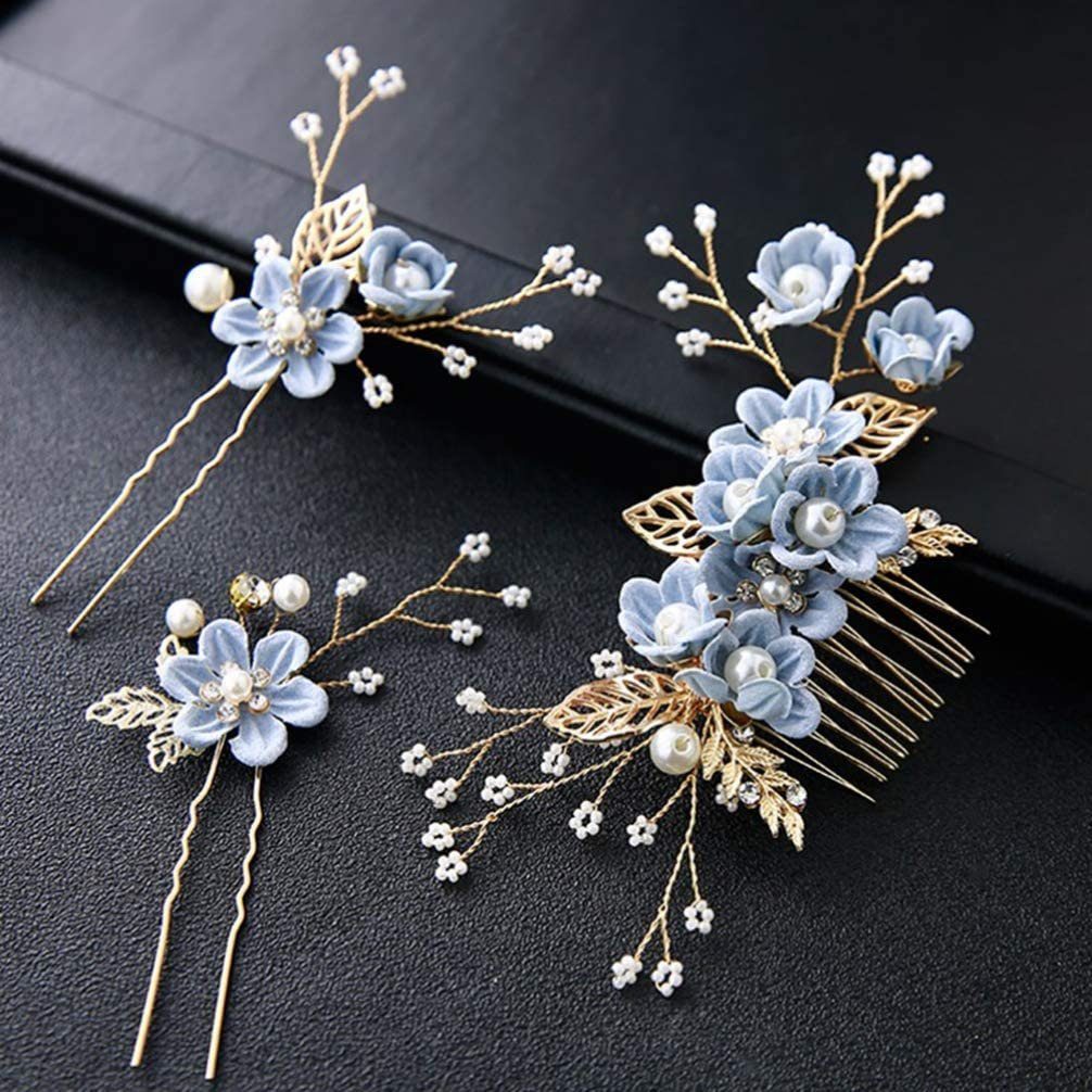 WaKuKa Diadem 4 Stück Perlen-Blumen-Braut-Haarschmuck Hochzeits-Haarkämme, blau