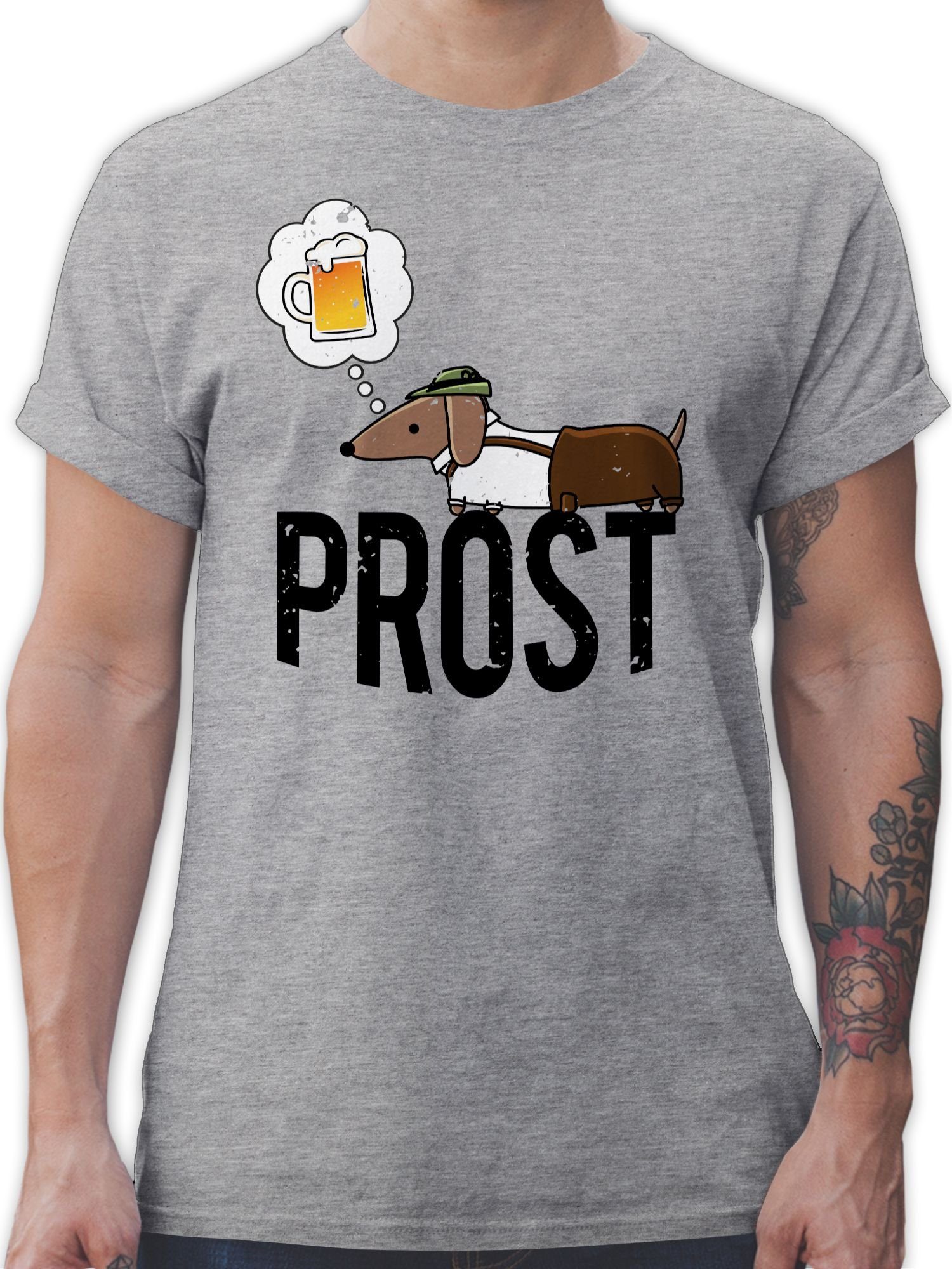 Shirtracer T-Shirt Prost mit Dackel und Bier Vintage Mode für Oktoberfest Herren 02 Grau meliert