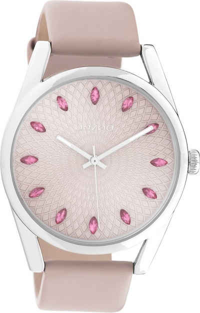 OOZOO Quarzuhr Oozoo Damen Armbanduhr rosa Analog, Damenuhr rund, groß (ca. 45mm) Lederarmband, Elegant-Style