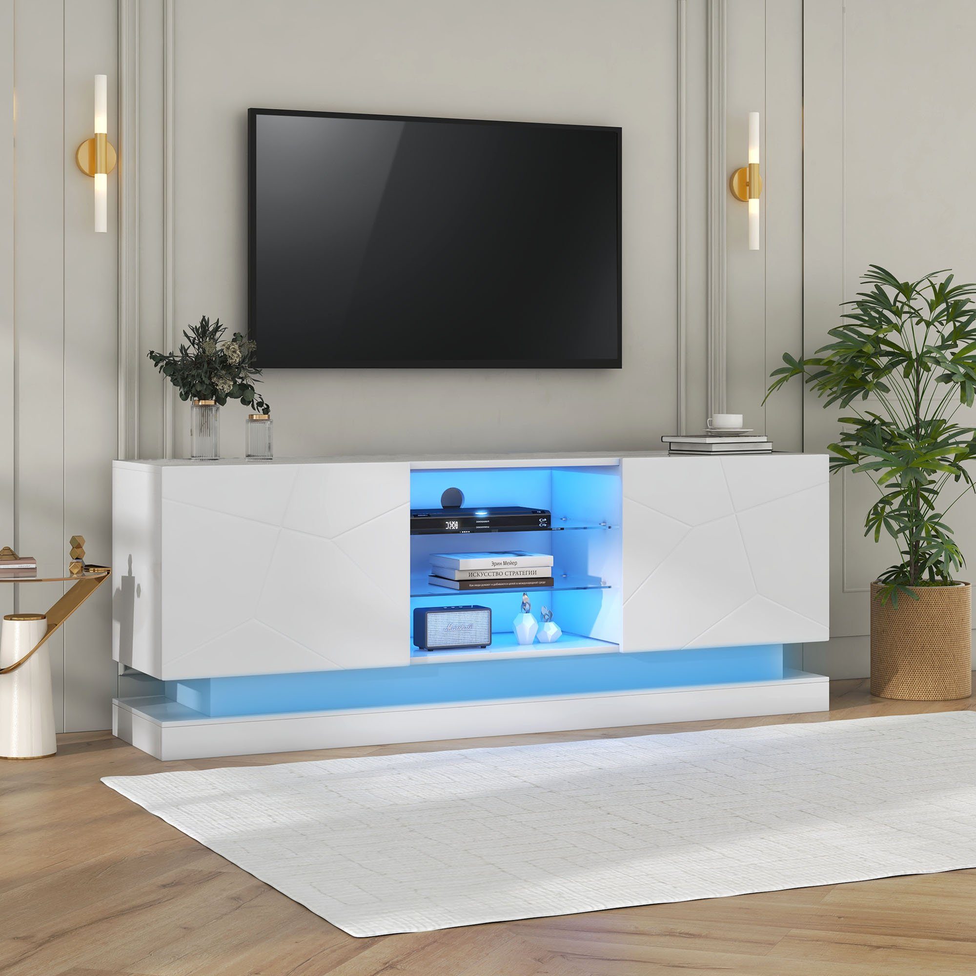 REDOM TV-Schrank LED-Beleuchtung) Hochglanz 160cm Einlegeböden Breite: (mit mit verstellbaren