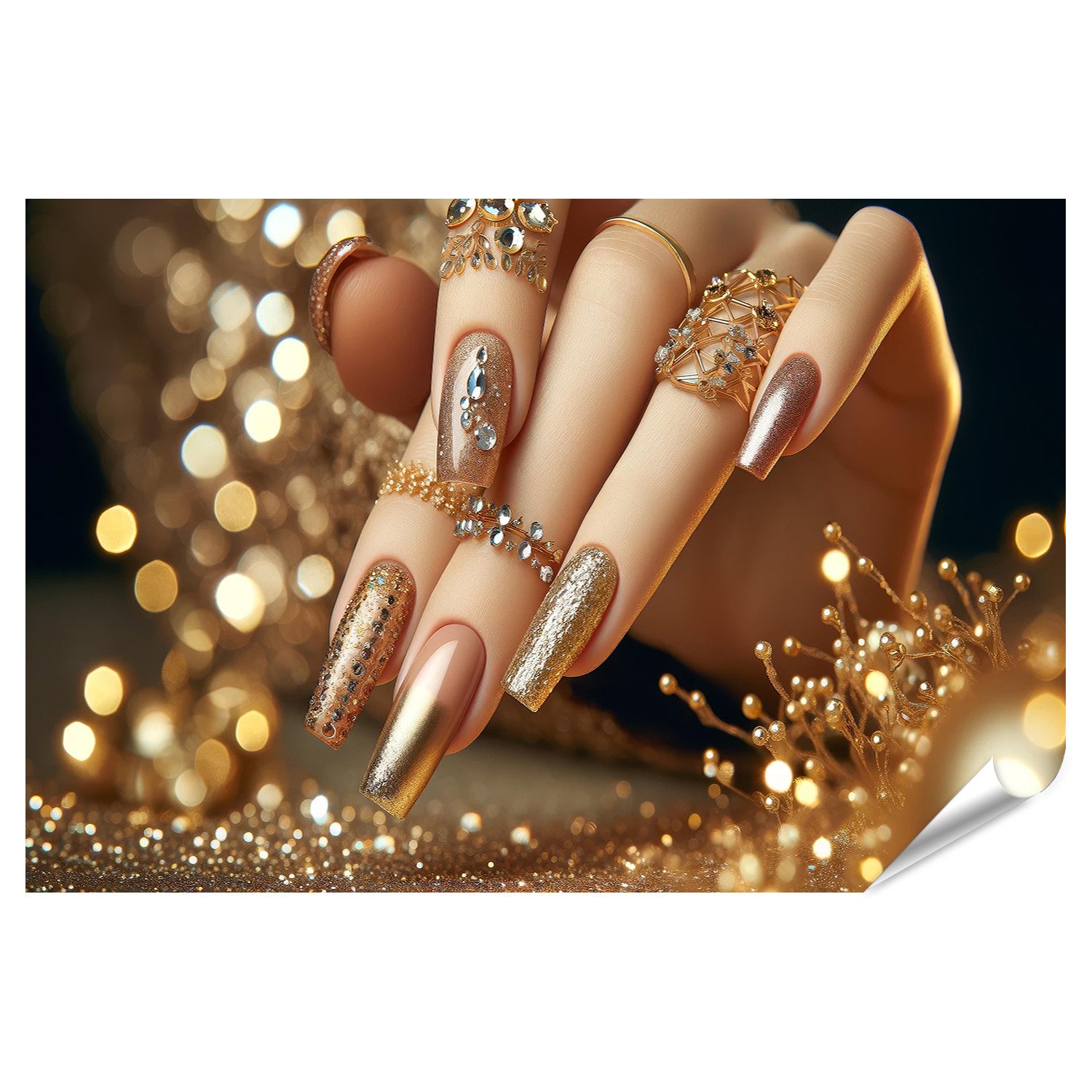 Poster Glitzernde Goldpracht Maniküre mit Juwelen Veredelt Nagelstudio Beauty