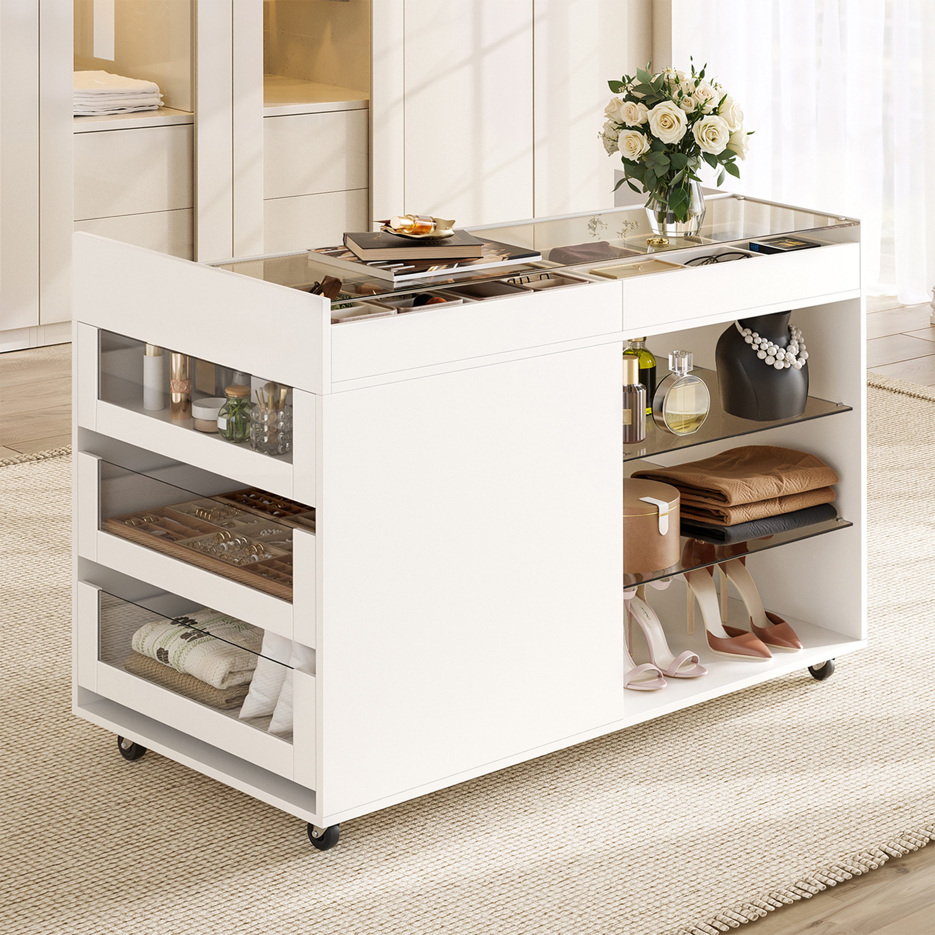 Flieks Kommode mit Glas-Arbeitsplatte & verstellbaren Glaseinlegeböden und Lenkrollen (1 St., B100/T60/H79 cm), Mehrzweckschrank Schmuckschrank Holzschrank mit  – Bild 2 von 5