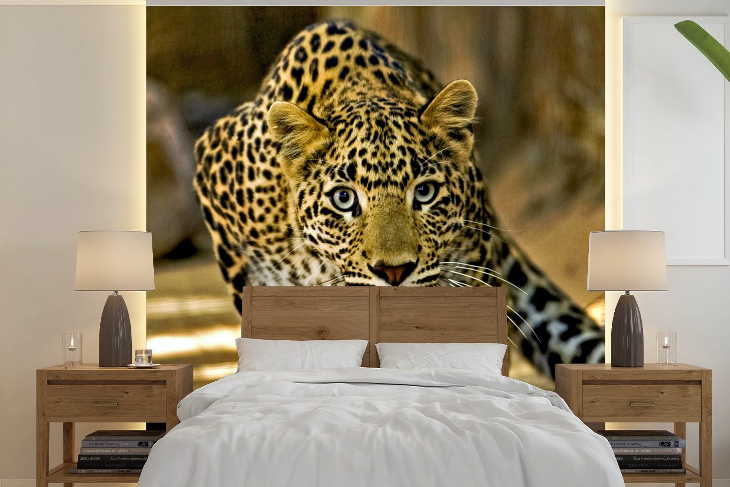 MuchoWow Fototapete Leopard - Raubtier - Porträt, Matt, bedruckt, (5 St), Vinyl Tapete für Wohnzimmer oder Schlafzimmer, Wandtapete