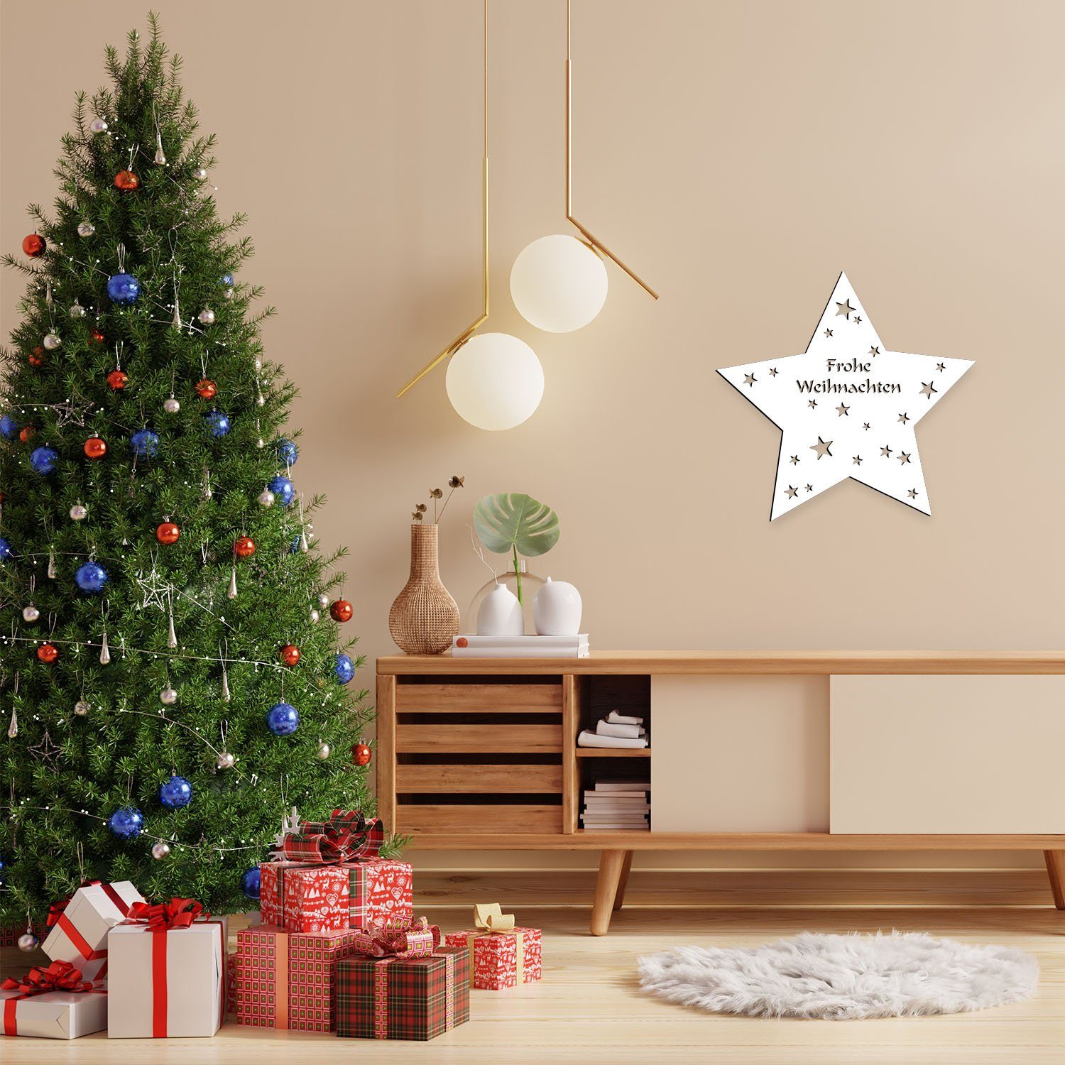 Namofactur LED Dekolicht Holz Unbehandelt Zugschalter/Stern, Ohne LED Warmweiß integriert, 'Frohe Weihnachtsdeko, Lampe Dekoleuchte, fest Weihnachten' Stern