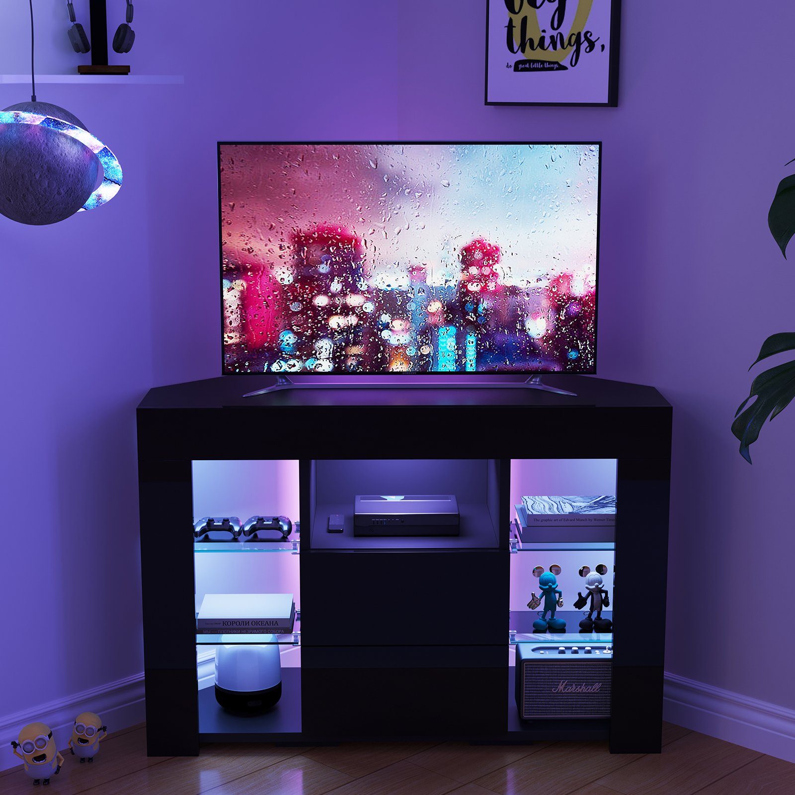Dripex Lowboard TV Eckschrank Fernsehtisch Hochglanz mit LED 100x40x68 cm, Schwarz – Bild 4 von 5