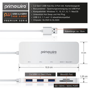 Primewire USB-Adapter USB-C zu USB 3.0 Typ A, microSD, SD, 15 cm, 3-Port USB 3.2 Gen1 Hub inkl. Kartenlesegerät microSD/SD Karten Slot