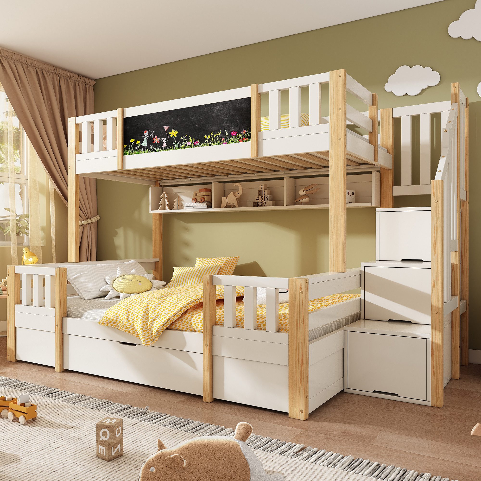 Flieks Etagenbett, Kinderbett 90/140x200cm mit Kreidetafel Stauraumtreppe S günstig online kaufen