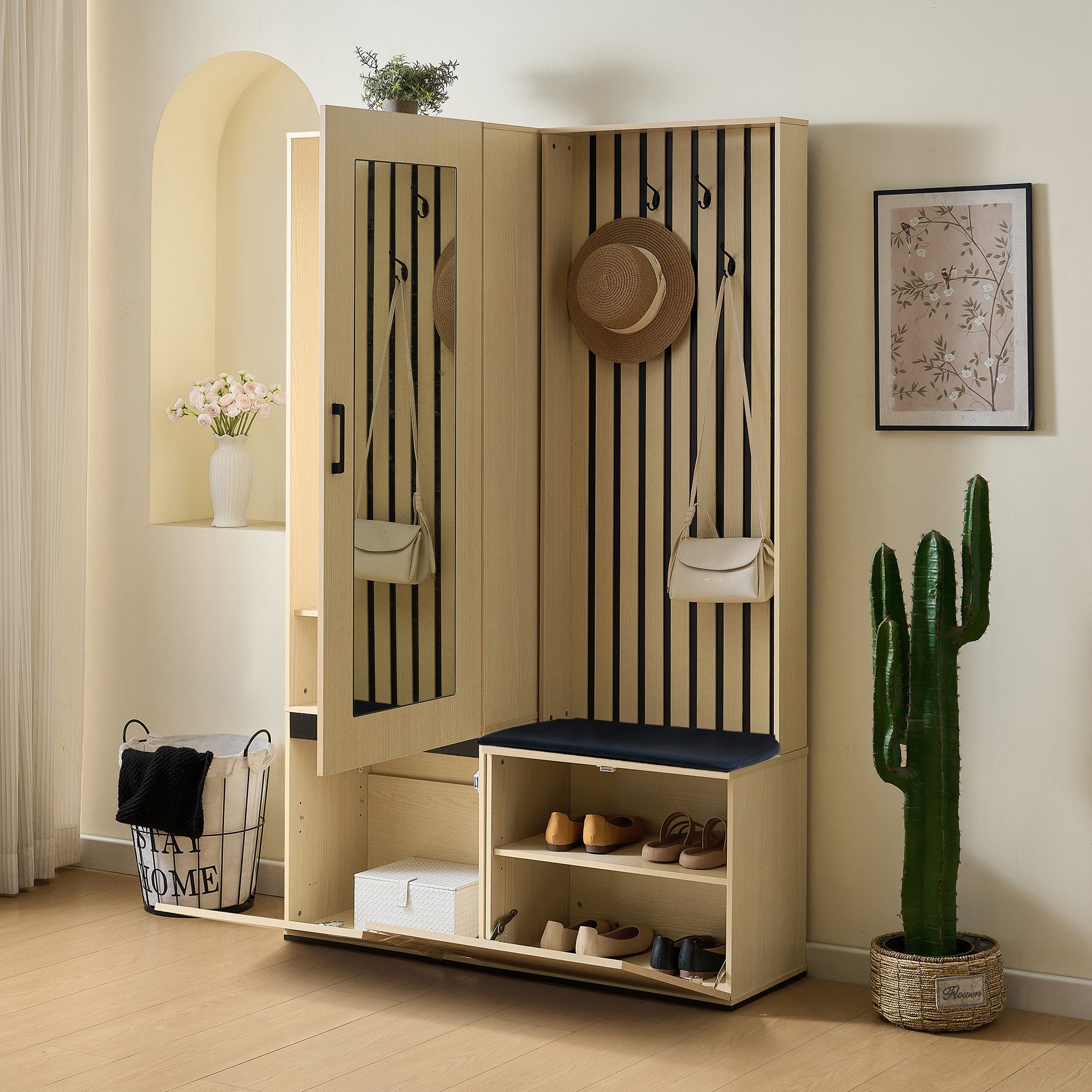 Refined Living Garderoben-Set ScKombinierter Garderobenschrank mit Spiegel und Sitzbank, (Modernes Flurmöbel-Set mit ausziehbarer Kleiderstange, Schuhablage, 4 Haken und Polsterbank, Schuhbank mit Aufbewahrung, Garderobe, 2-St., 2-in-1 Funktionalität, Langlebig & einfache Montage, Großer Stauraum), Holzoptik, für Flur, Schlafzimmer, Eingangsbereich, Wohnzimmer,Wohnung