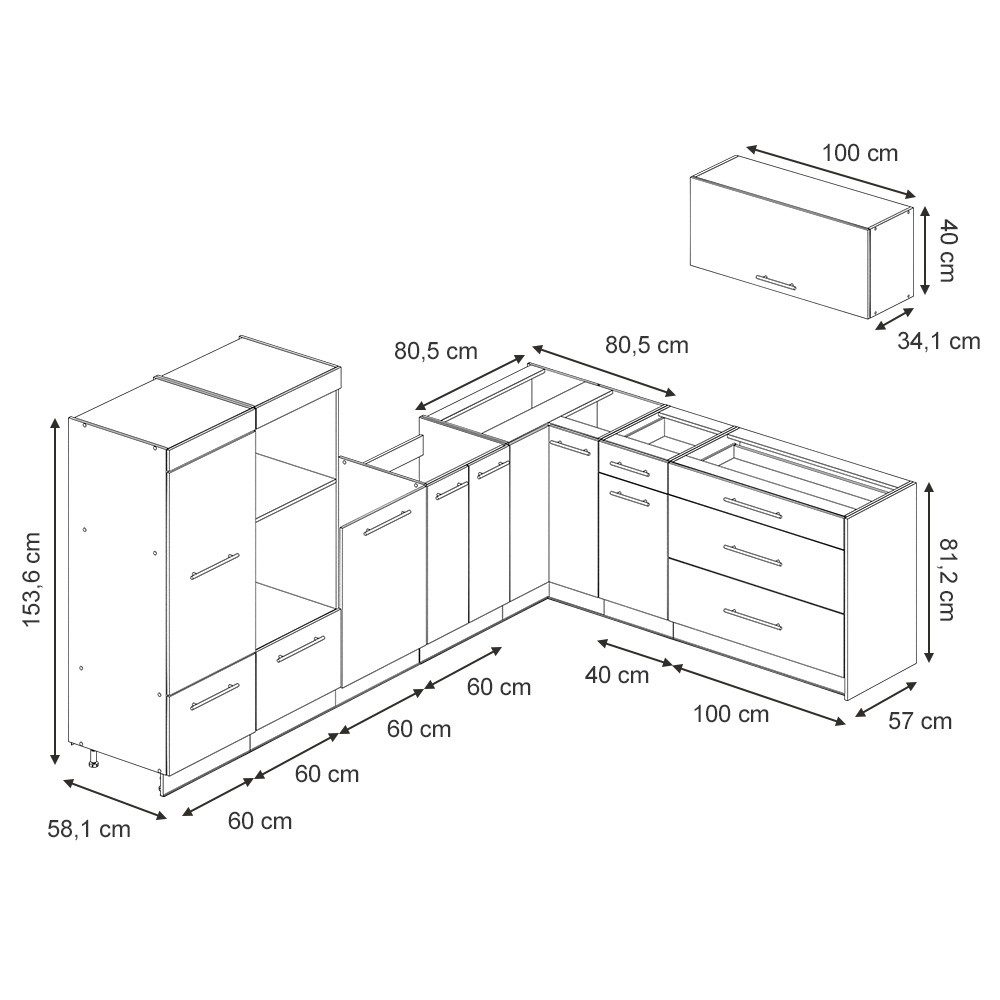 Vicco Winkelküche Fame-Line, Dunkelgrau/Goldkraft Eiche, 327 x 227 cm ohne Arbeitsplatte