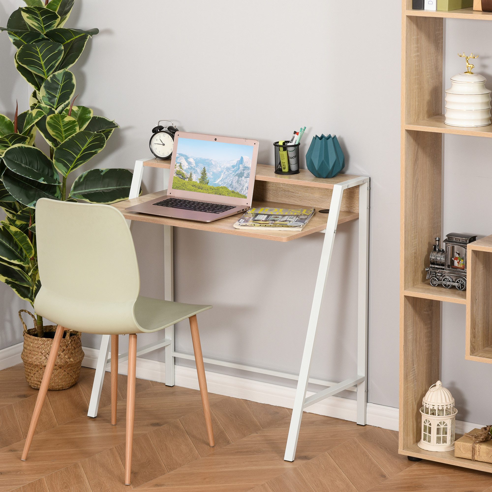 HOMCOM Schreibtisch Arbeitstisch mit Ablagefach (Computertisch, 1-St., Bürotisch), Metall Weiß+Eiche 84 x 45 x 85 cm