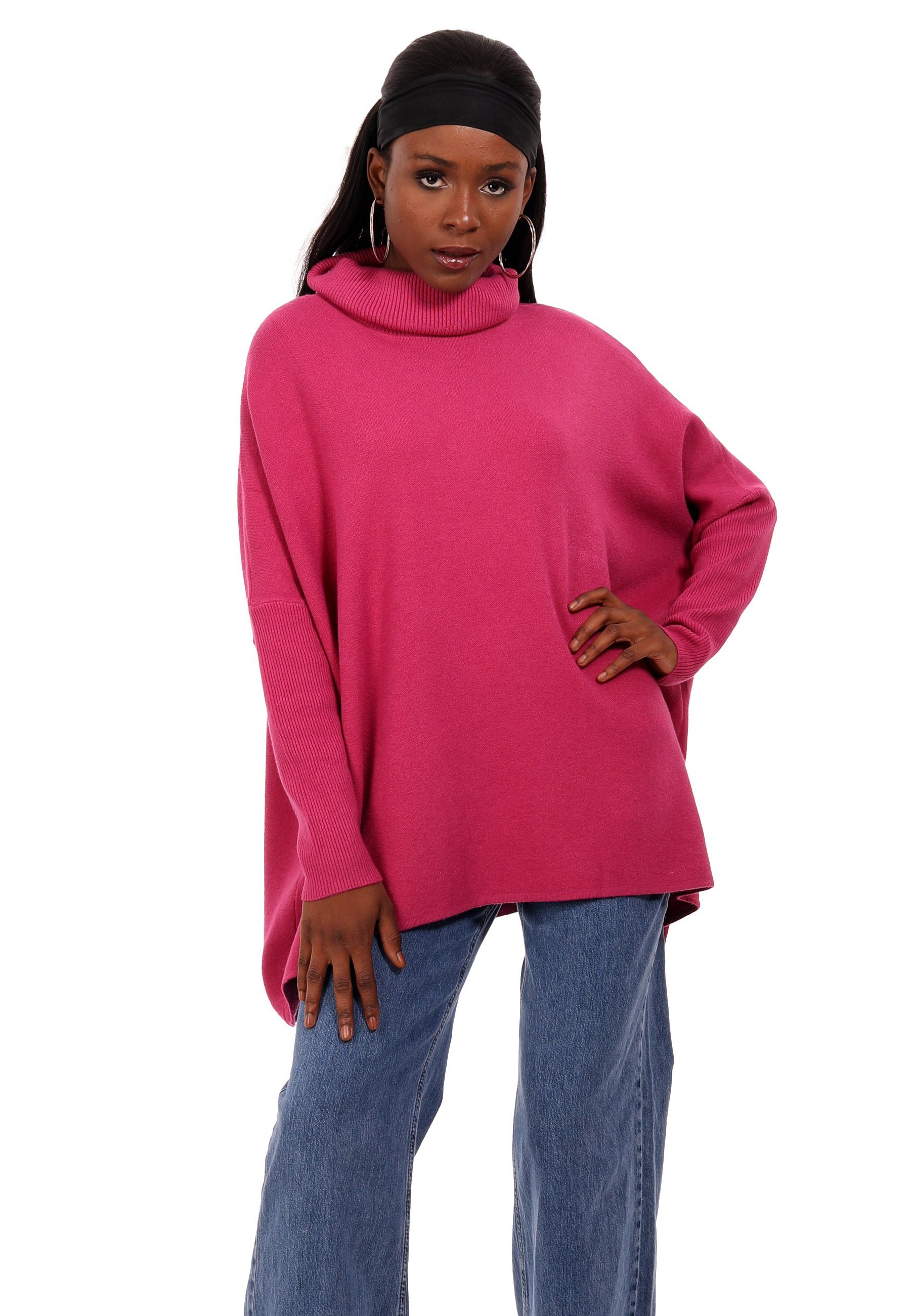 Strickkleid Strickkleid (1-tlg) Fashion & mit Rollkragen One Oversize Size Loose-Fit pink Unifarbe Style Strickpullover YC in