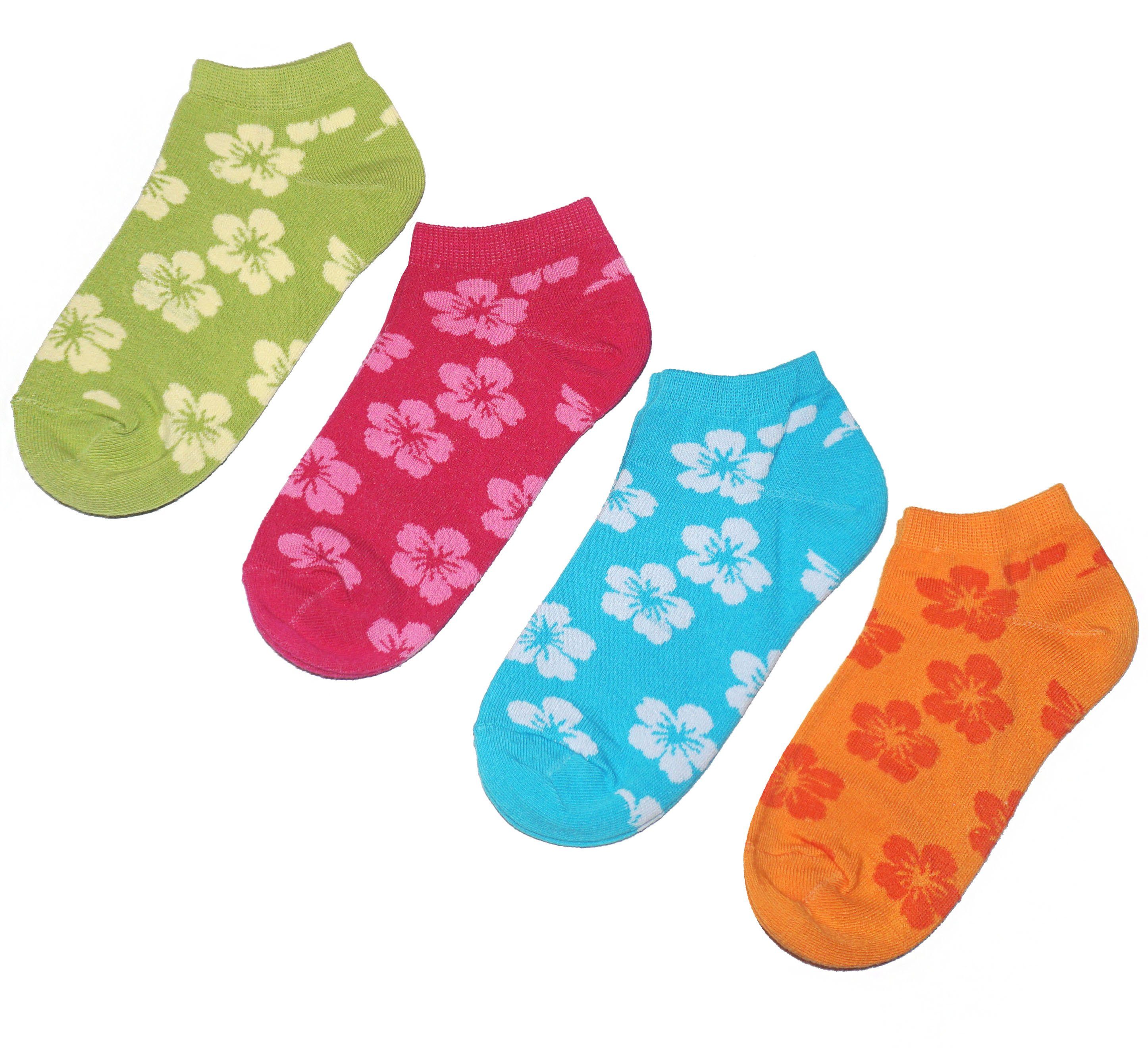 WERI SPEZIALS Strumpfhersteller GmbH Sneakersocken Kinder Sneakersocken 4-er Pack für Mädchen >>Hawai Blumen<< aus Baumwolle (Set) 4er-Pack