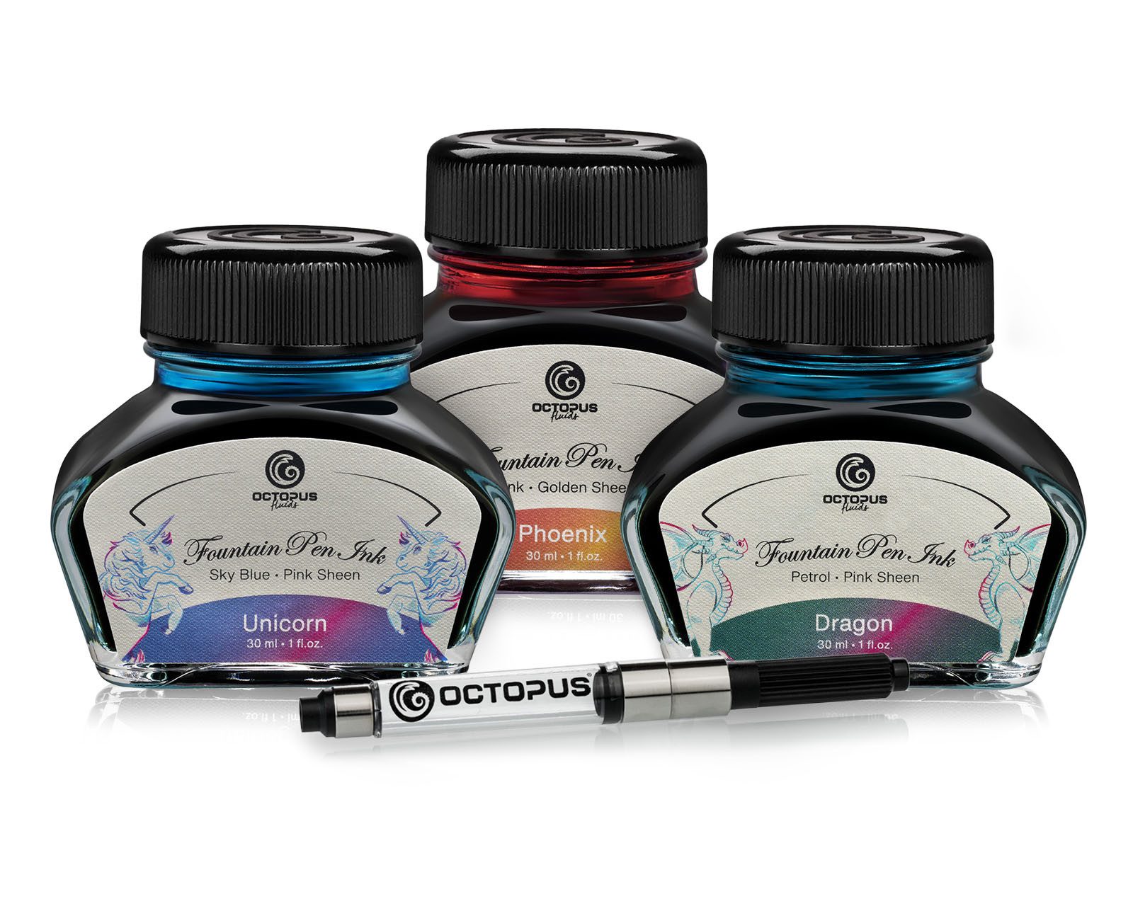 OCTOPUS Fluids 3 x 30ml Füllhaltertinte Sheen mit Konverter Tintenglas (0-tlg., inklusive Konverter)