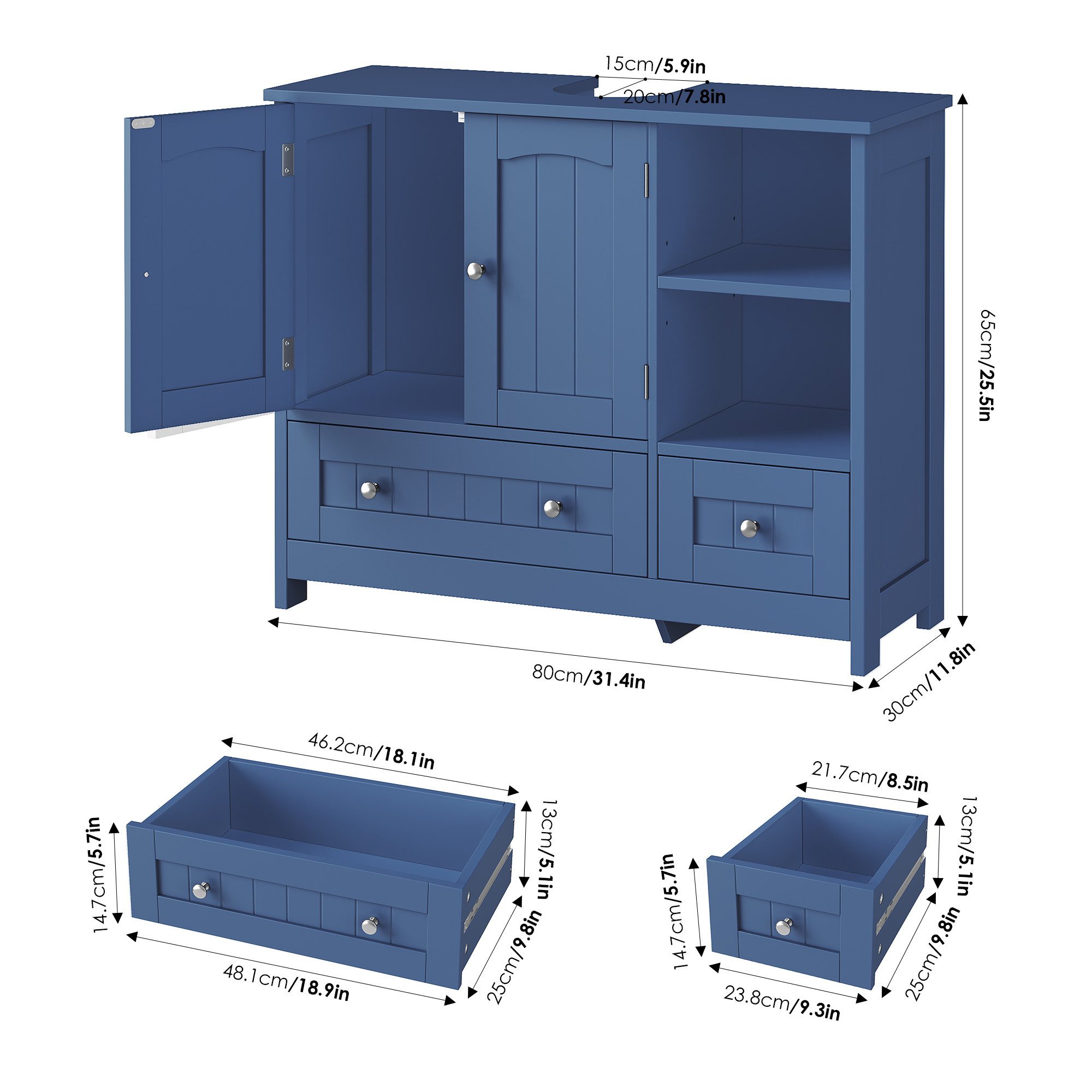 Homfa Waschbeckenunterschrank Unterschrank Badezimmerschrank mit 2 Schubladen und 2 Türen, Breite 80 cm, freistehend