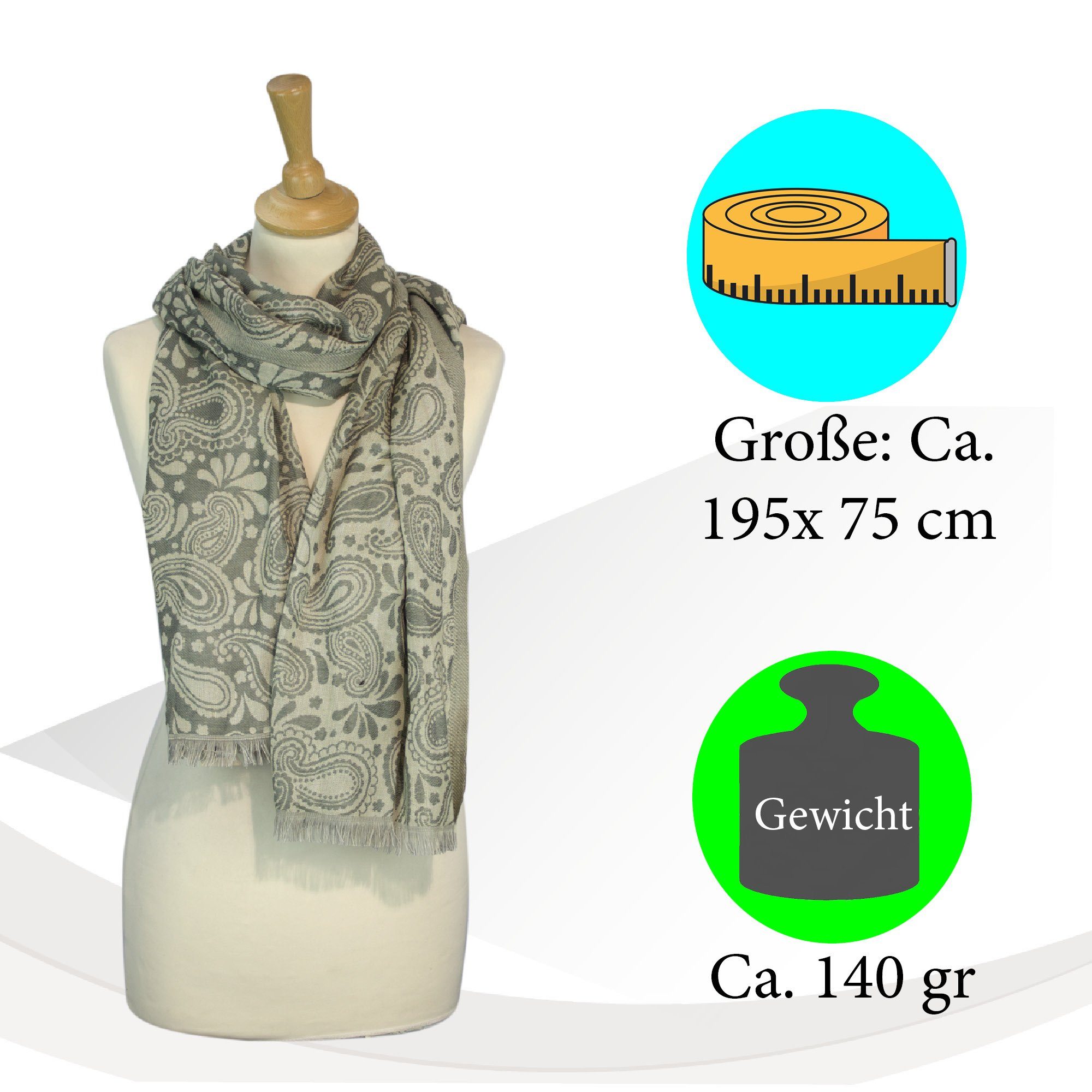 Khakigrün Design, Schal Paisley Sunsa Design Viskose Halstuch. 60% Winterschal, Damen mit Stola Sunsa aus Blumen Baumwolle/40% Große Halstuch