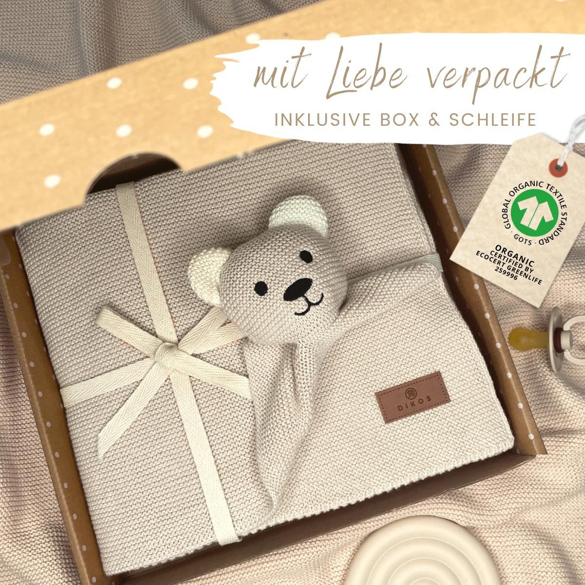 Babydecke DIKOS® Babydecke SCHMUSE-Bär Baby Geschenk Mädchen Junge Geschenkset, DIKOS, Geschenk zur Geburt, PREMIUM Qualität, 100 % BIO Baumwolle, nachhaltig – Bild 2 von 5