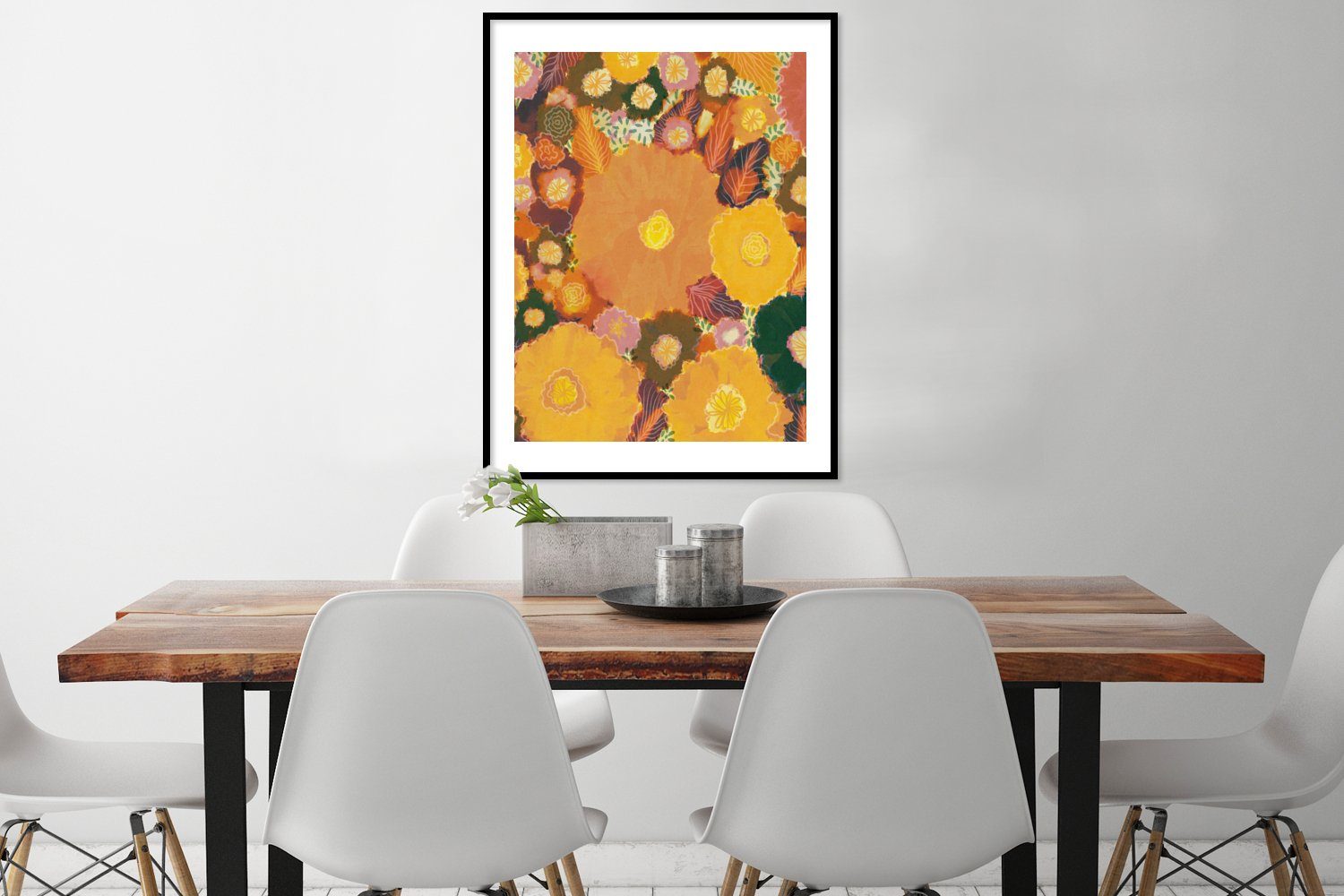 Gerahmtes Blumen Wanddeko, - St), - MuchoWow - Wandposter, Bilder, Hippie, Farbenfroh - Poster, Bilderrahmen Gelb (1 Schwarzem Poster Pflanzen