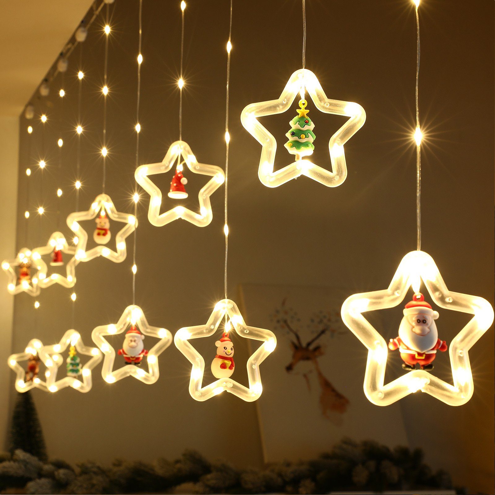 MUPOO Lichterkette LED-Lichterkette Fenster LED Lichtervorhang Fenster  Weihnachten Innen, 8 Modi Regenlichterkette mit Fernbedienung Weihnachtsdeko