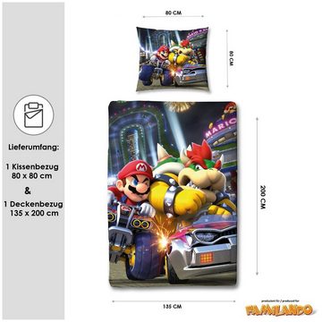 Kinderbettwäsche Nintendo Super Mario Kart "Bump" 135x200 + 80x80cm aus 100% Baumwolle, Familando, Renforcé, 2 teilig, mit Super Mario und Bowser