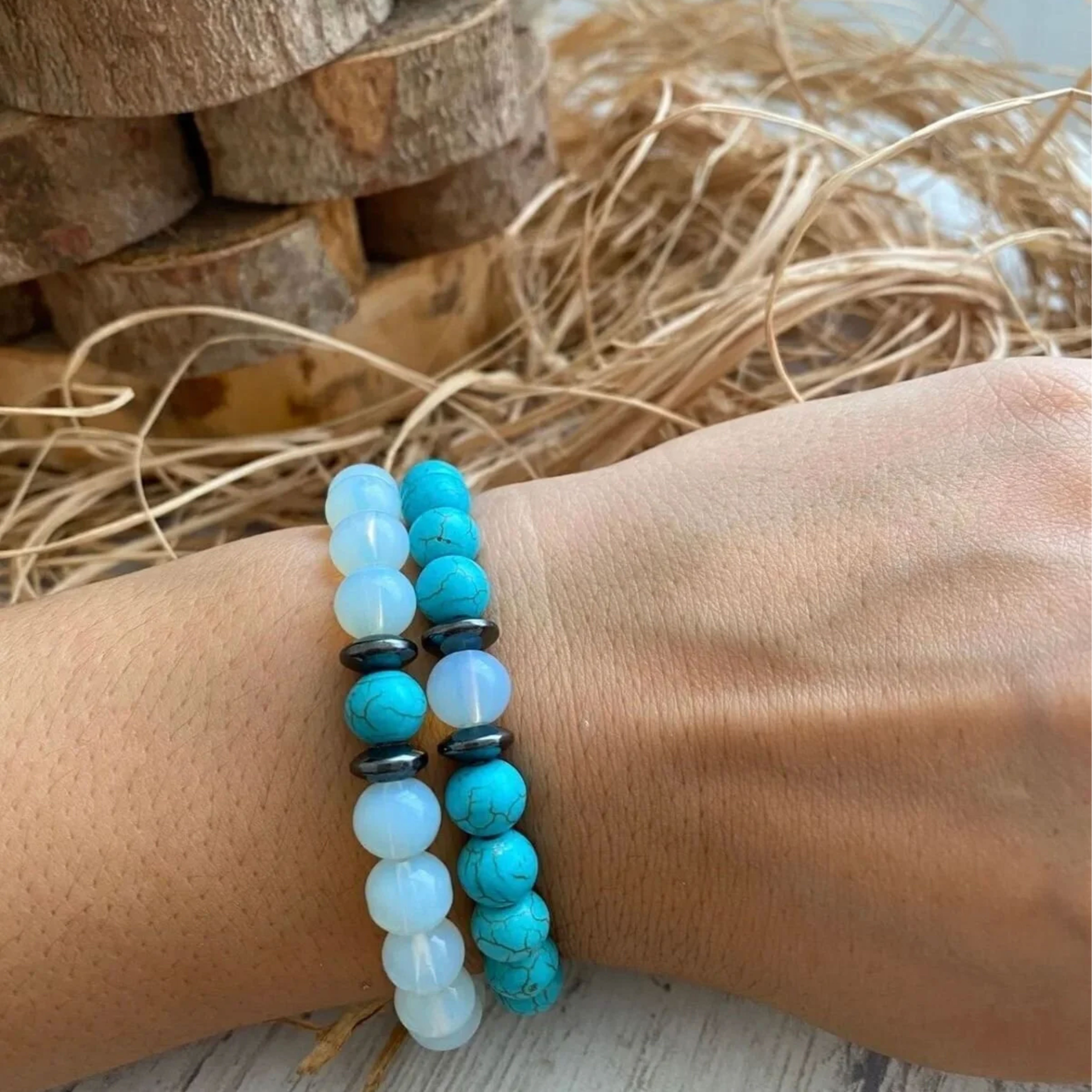 Jungengel Armband Set Naturstein Türkis Opal Partnerarmband Perlen Stretch Unisex Schmuck (Mehrteiliges Set, 2-tlg., 2 Armbänder im Set), 2er Set, Inkl. Holz Geschenkbox, Natursteinoptik, Perlen-Design