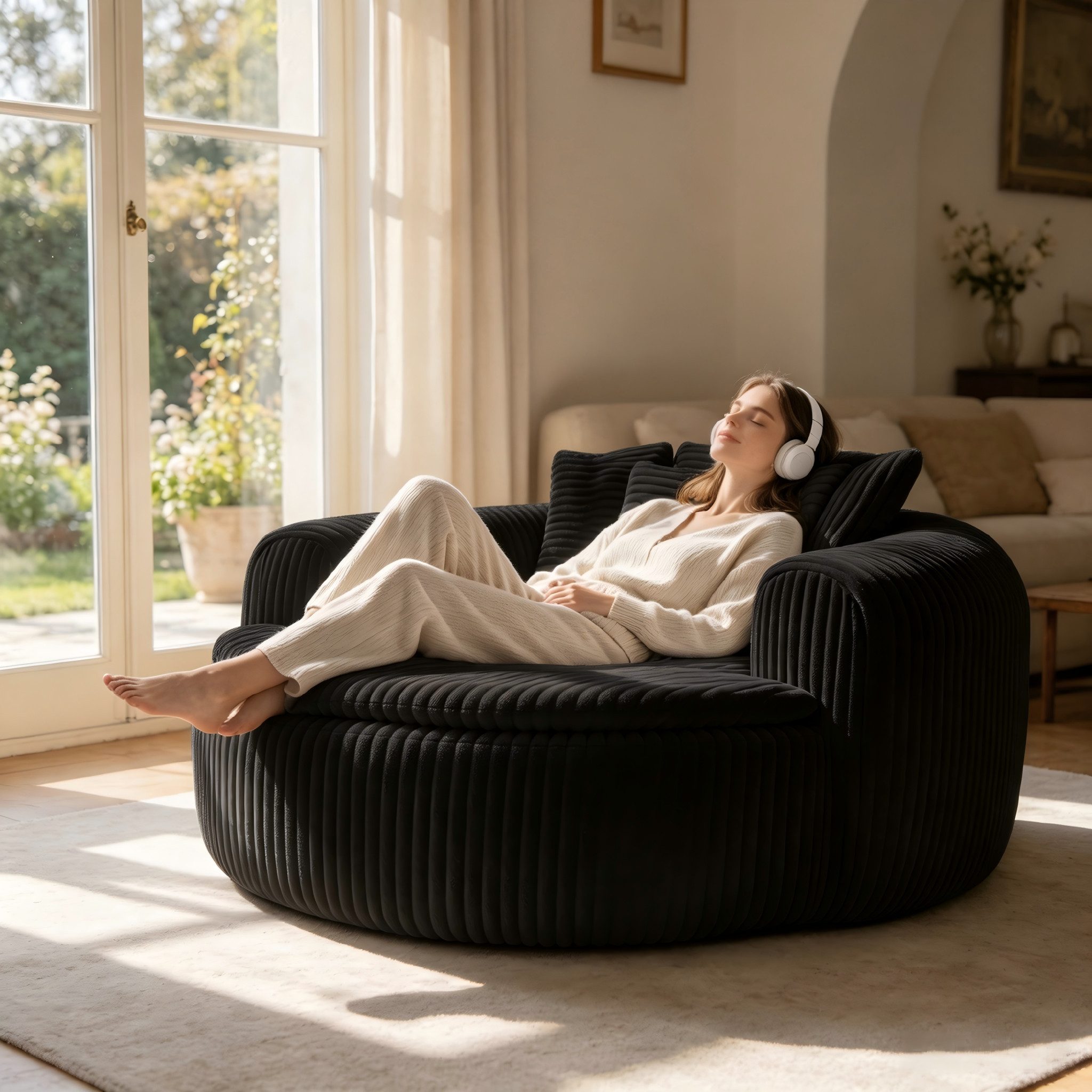 i@home Sitzsack Loungesessel Cord gepolstert, Relaxsessel Bodensessel (1 St., extrabreiter Sitzfläche und Armlehnen, rutschfest), Sessel mit Taschenfedern, 5 Kissen für Schlafzimmer & Leseecke 145 cm