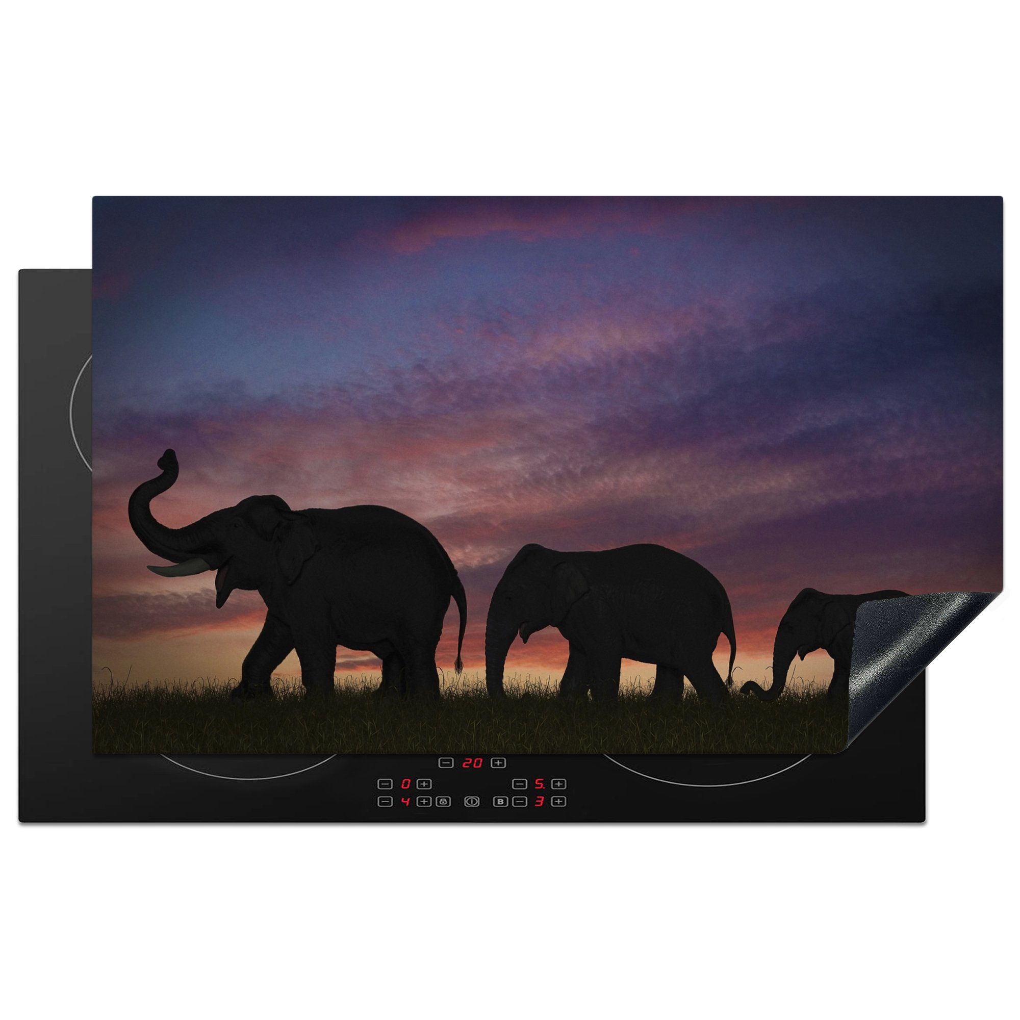 MuchoWow Herdblende-/Abdeckplatte Elefanten - Sonnenuntergang - Silhouette, Vinyl, (1 tlg), 83x51 cm, Ceranfeldabdeckung, Arbeitsplatte für küche