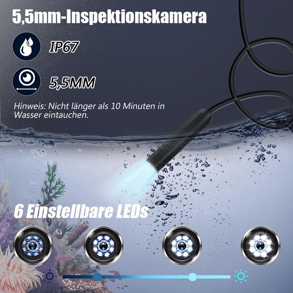 TUWENA Endoskopkamera mit Licht,5.5mm Wasserdichte Endoskop Inspektionskamera Inspektionskamera (5m Starre Schlangenkabel für Smartphone Tablet-Gerät EnDoskopkamera)
