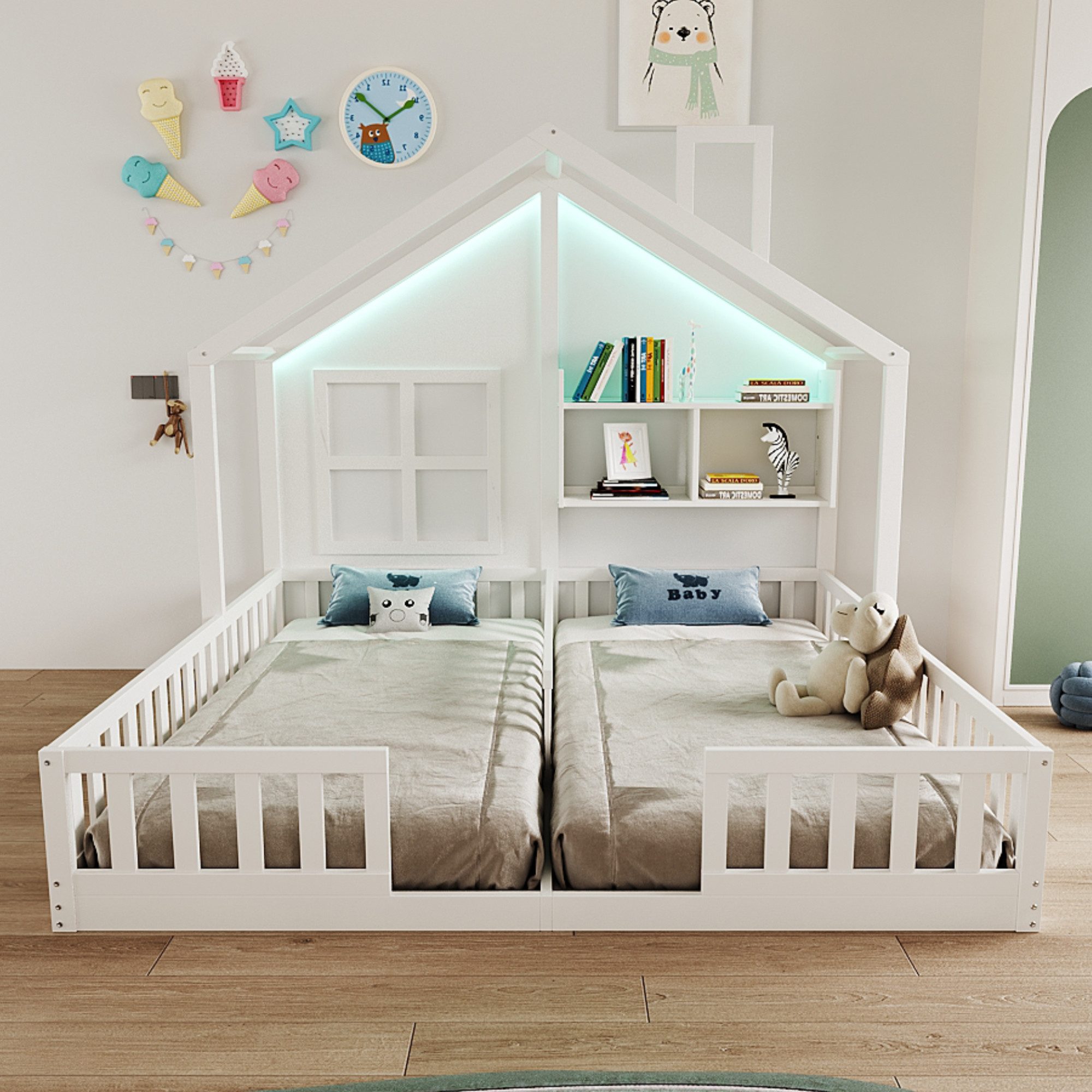 Merax Kinderbett 90×200cm Bodenbett mit LED-Licht, Jugendbett im Hausdesign (1-tlg), Doppelbett 90×200cm mit Sicherheitsgeländer, Ablagefach & Lattenrost