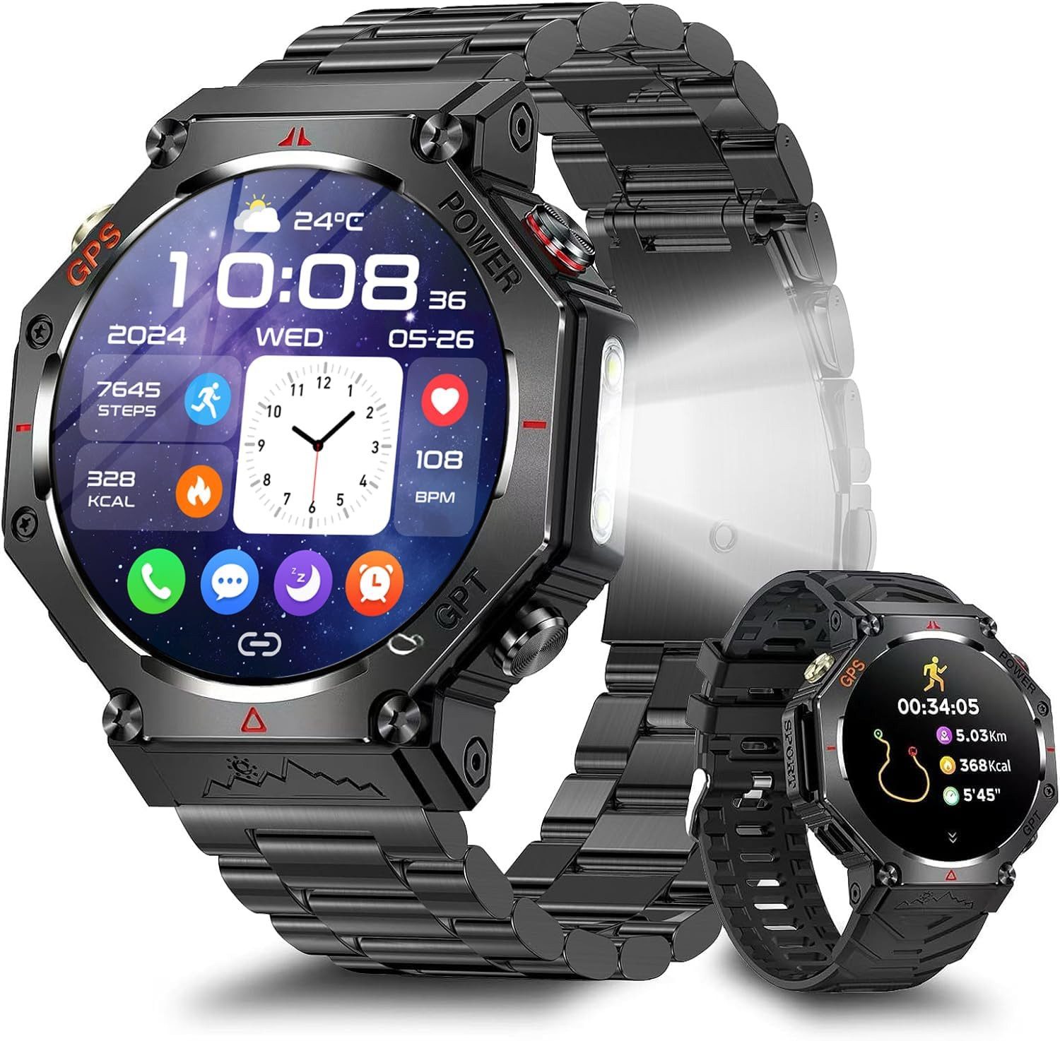 Marsyu Smartwatch (3,5 cm, android ios), Smartwatch Herren mit 1.39" Display, GPS Navigation