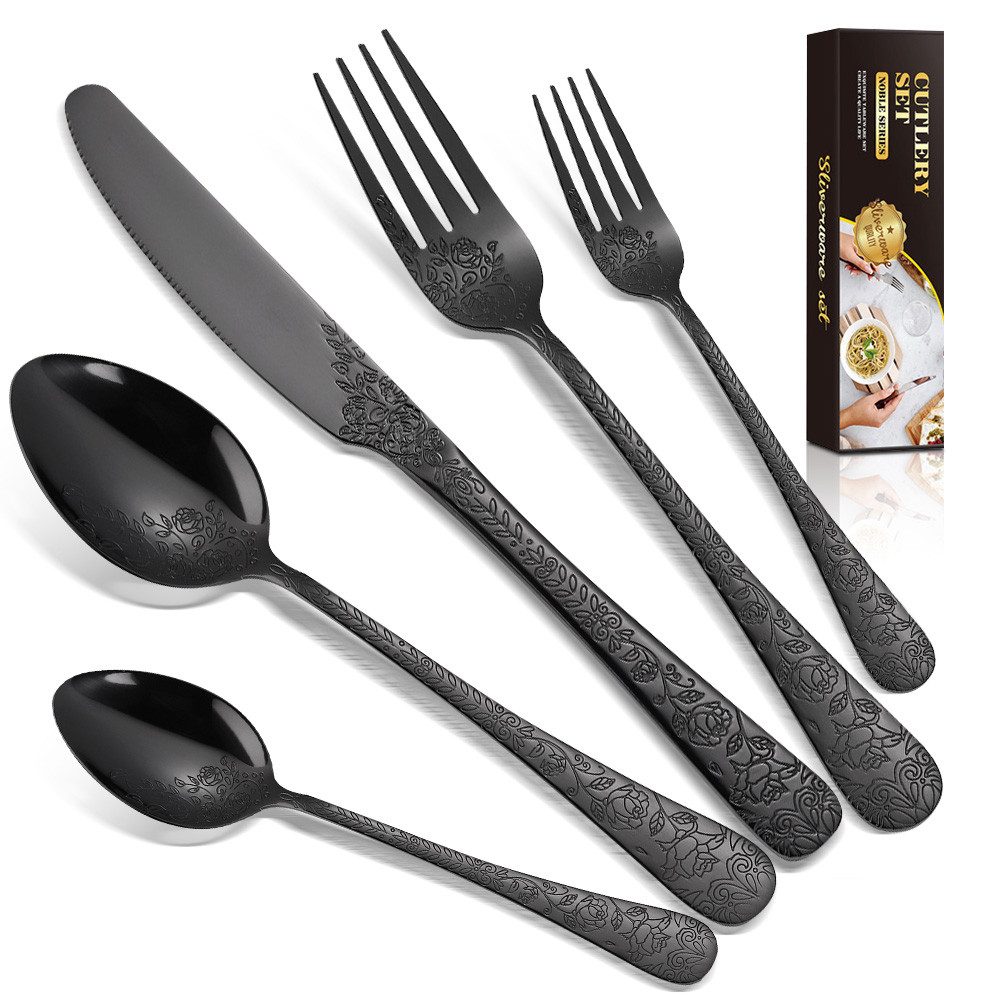 KingLux Besteck-Set 30 Teilig Edelstahl Besteck Set für 6 Personen Schwarz gehämmertes (30-tlg), 6 Personen, Edelstahl