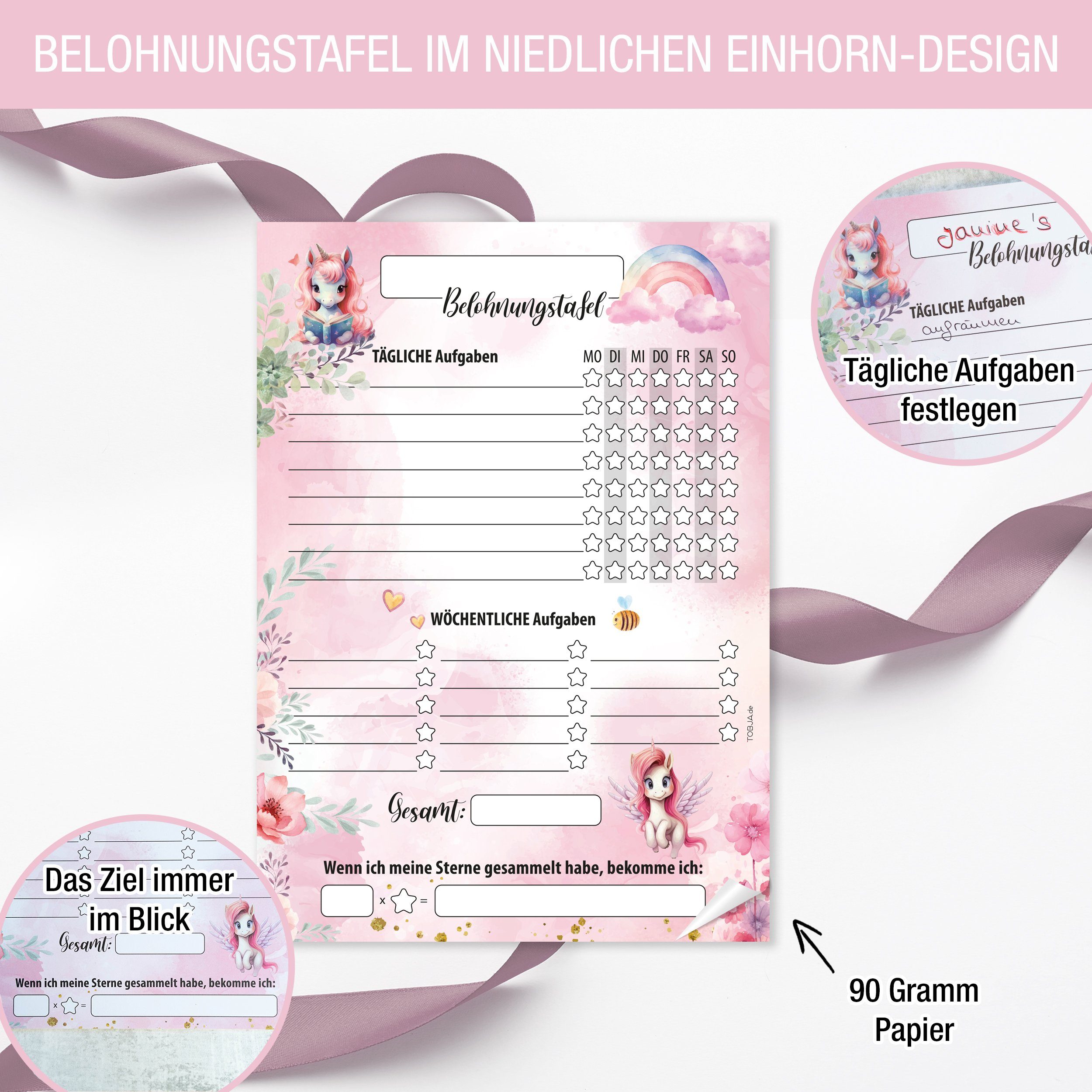 TOBJA Notizblock Belohnungstafel Kinder A4 Block Einhorn, Motiviert Kinder ab 3 Belohnungssystem