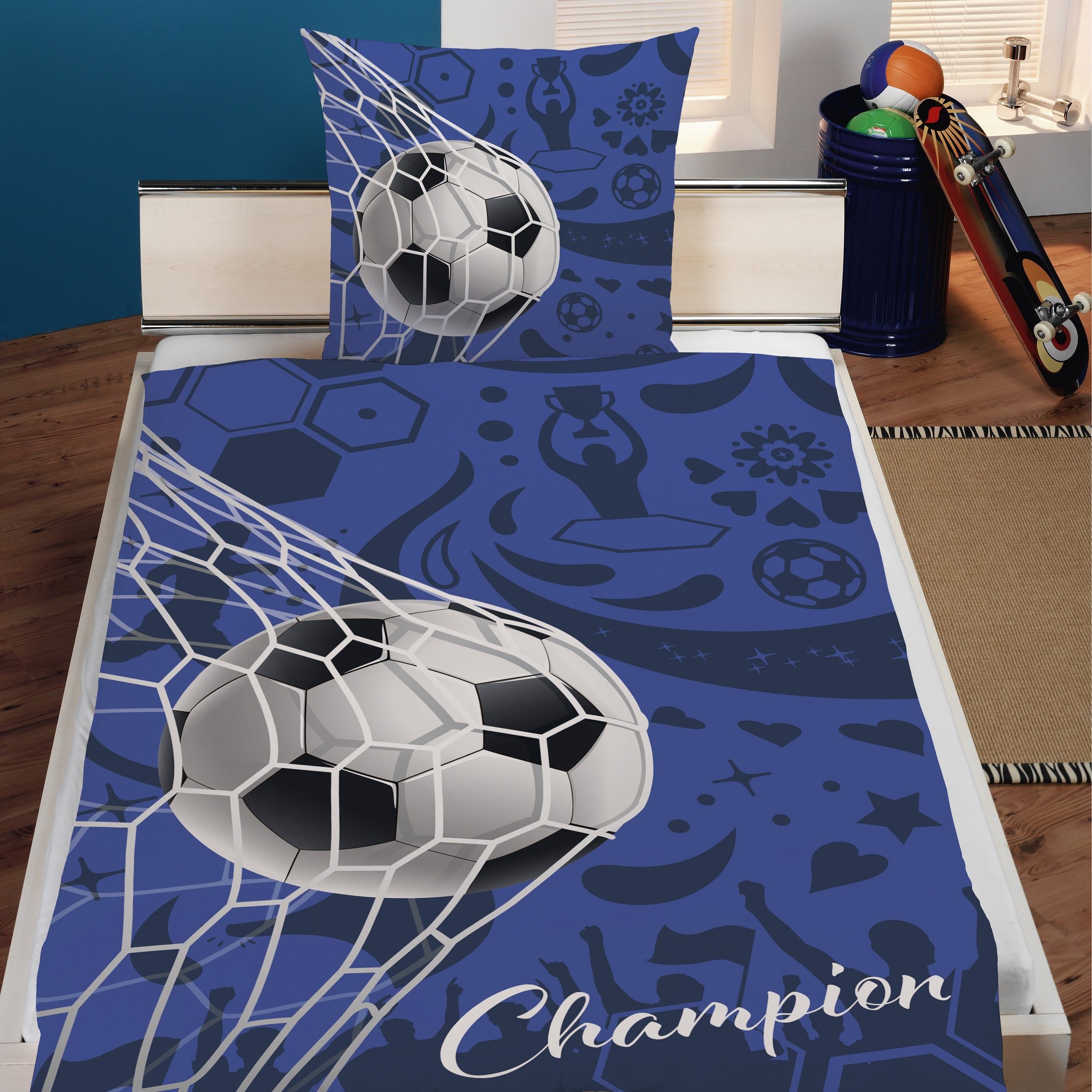 Familando Kinderbettwäsche Fußball Motiv Champion 135x200 günstig online kaufen