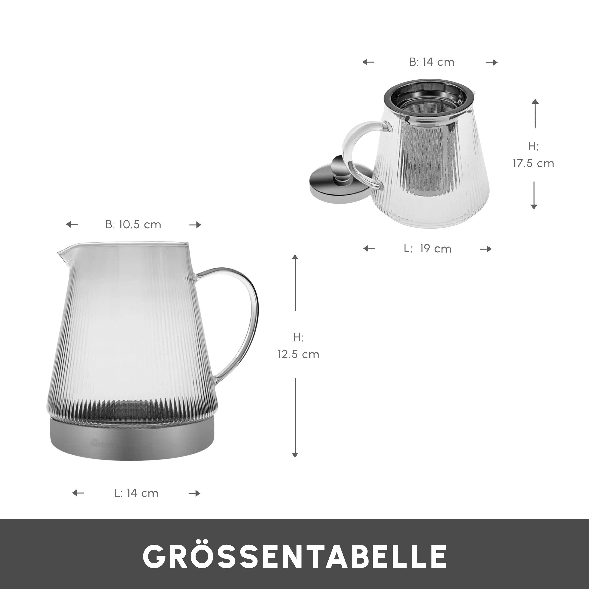 Karaca Teekanne Karaca Keops XL Borosilikat Glas-Teekannen-Set, 1.95L, Silber-Design, 450 l, (2-St), Induktionsgeeignet, elegantes Design