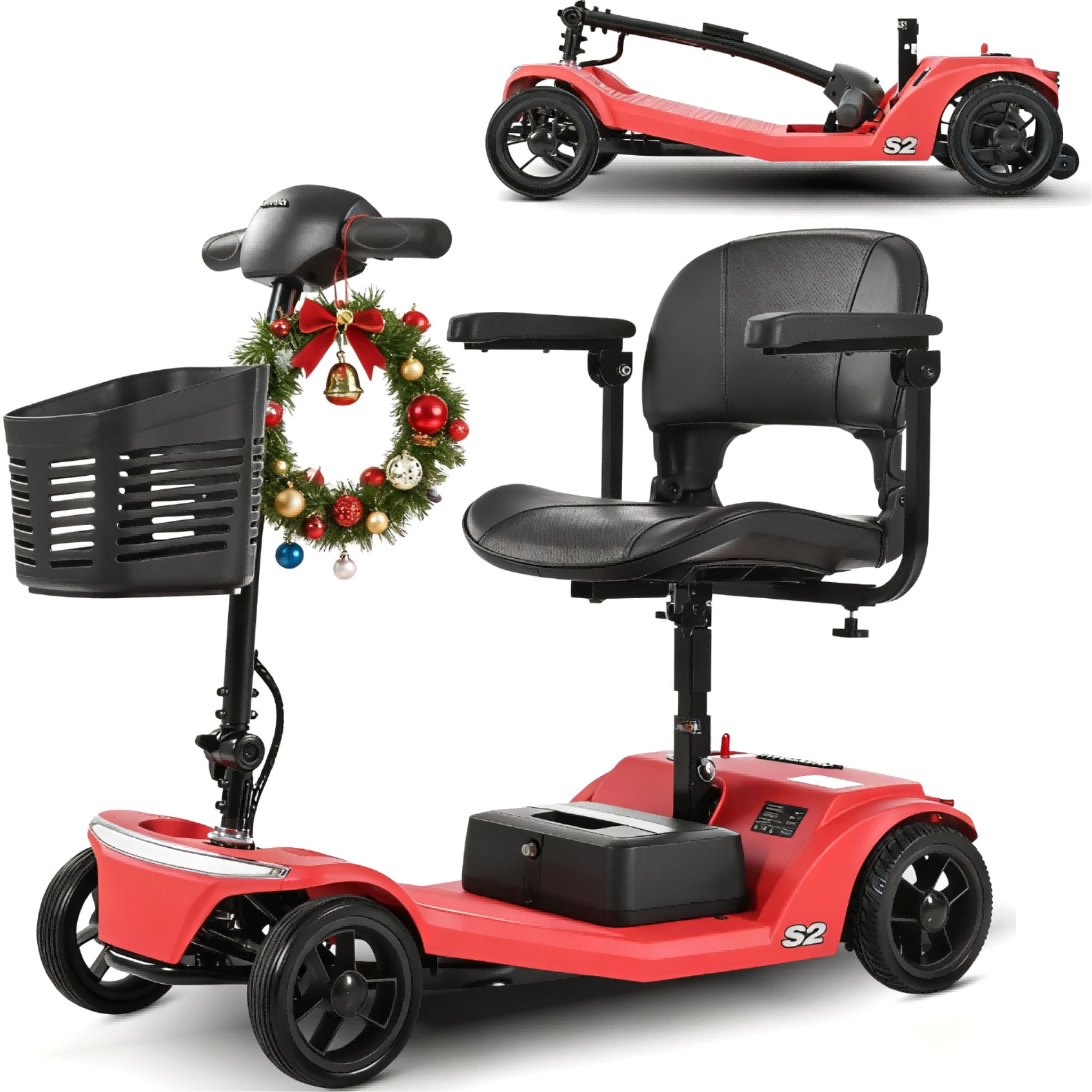 LVHOM Elektromobil S1/S2, faltbar, 4-Rad-Scooter, 15-20km, 12Ah, 250 W, 6 km/h, (abnehmbar Blei-Säure-Ionen Batterie + USB-Ladeanschluss + Vorderer Aufbewahrungskorb + Atmungsaktiver Höhenverstellbarer Sitz + verstellbarer Lenker + XXL-Fußraum), 136 kg Tr.Kr. Gesamtgewicht: 37kg