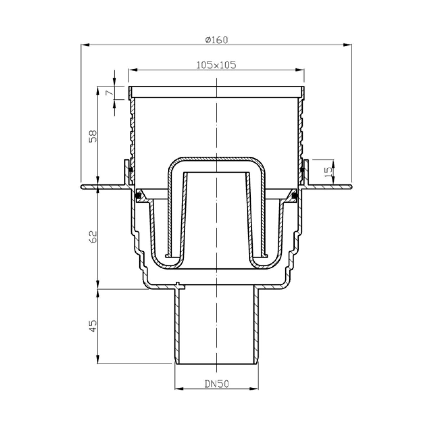 Bruckner Ablaufgarnitur Bodeneinlauf 105x105 gerader, DN50, polierter Edelstahl Bruckner-183-020-0