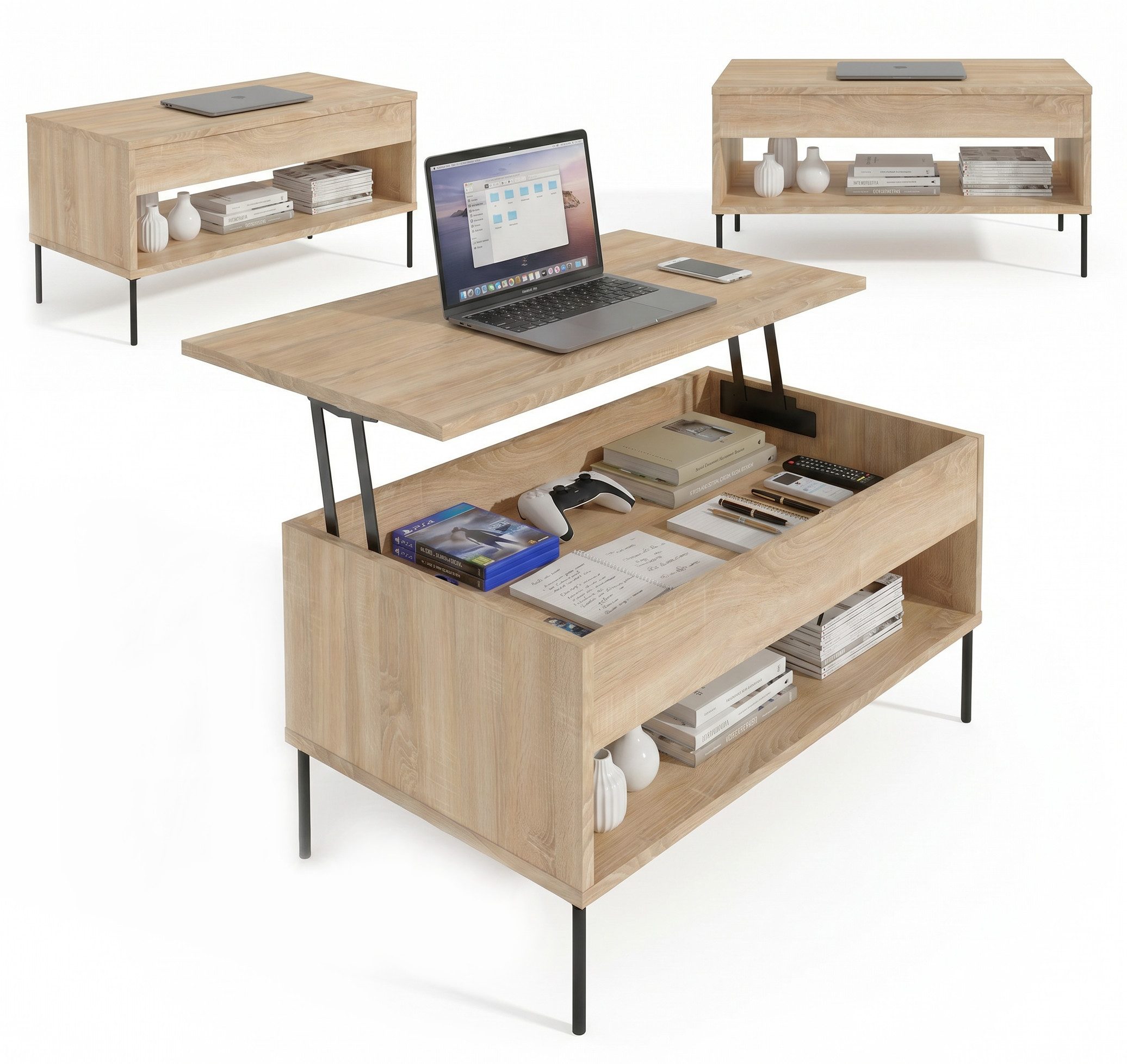 TREND WERK Couchtisch Lift-Sofatisch mit Metallfüßen und Stauraum 92×50 cm, 45-65 cm höhenverstellbar, verstecktem Fach & offener Ablage