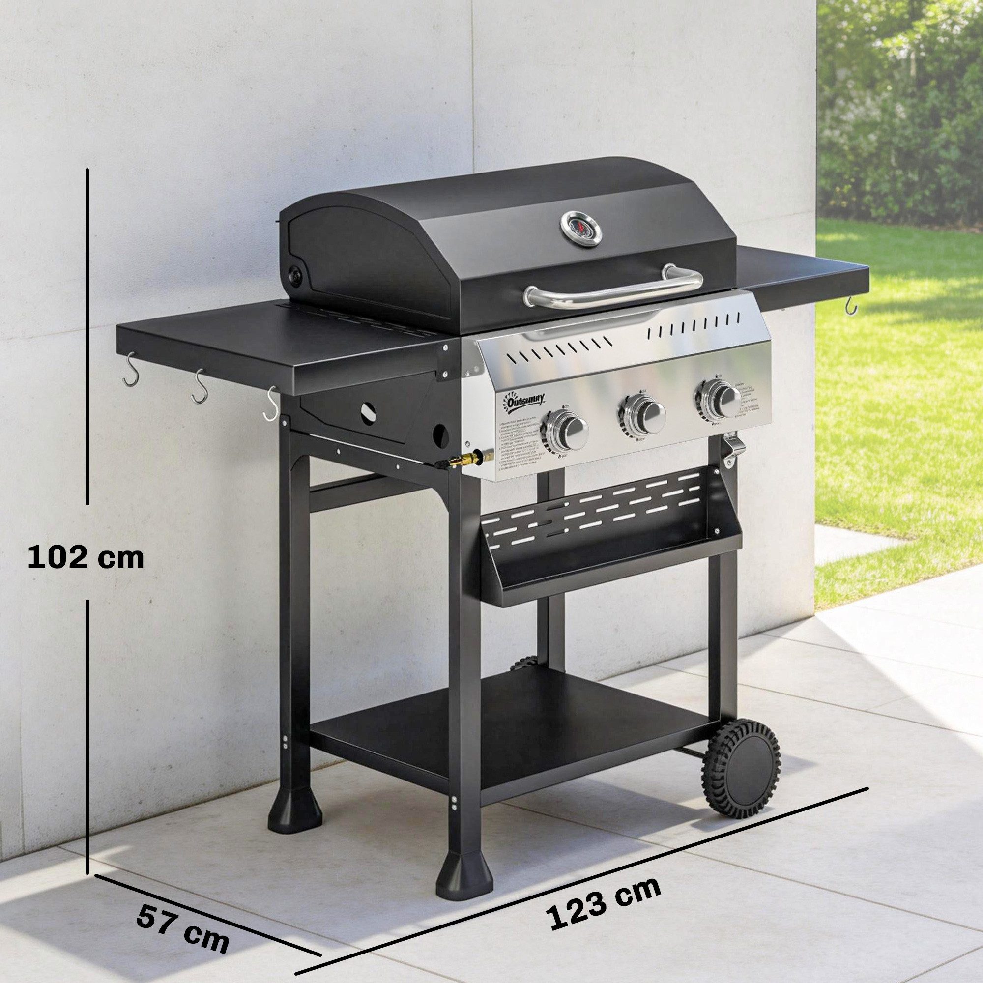 Outsunny Gasgrill inkl klappbar Seitentisch, Gewürzhalter, Unterregal, 6 Haken, Gas-Grill, BBQ Grillwagen, für Balkon Party