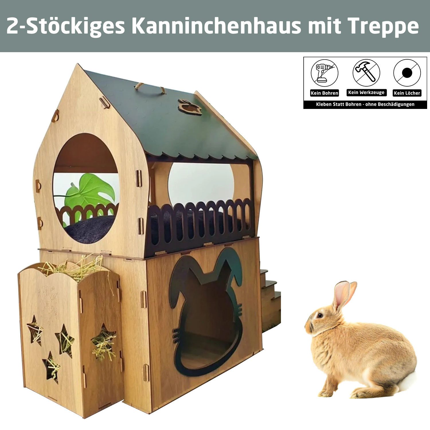 Jungengel Tierhaus XL Kaninchenhaus Hasenhaus Nagerhaus Kaninchenhütte Hasenhütte, XL - Maße: 65x70x30 cm, Inkl. Montageanleitung, Inkl. Futterstation