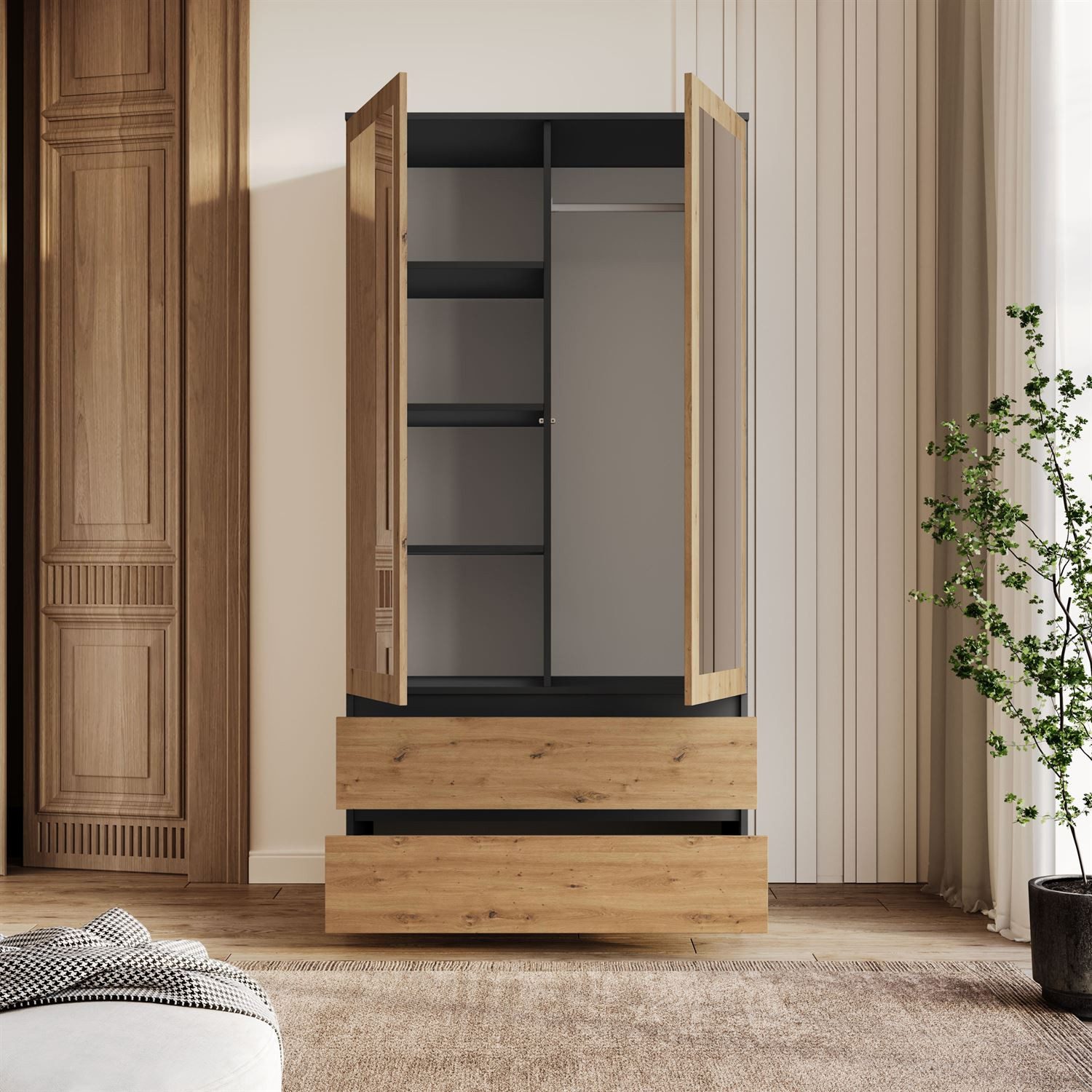 Lookway Kleiderschrank HANA SS-90 mit 2 Türen und großem Spiegel