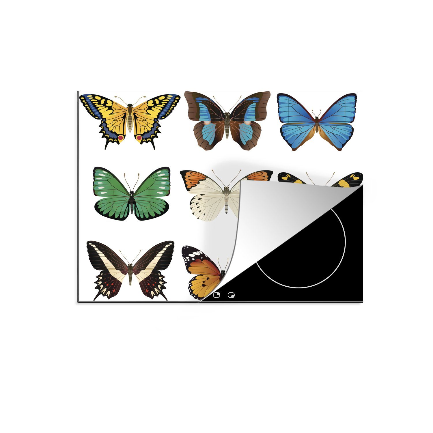 MuchoWow Herdblende-/Abdeckplatte Eine Illustration von neun Schmetterlingen, Vinyl, (1 tlg), 60x52 cm, Mobile Arbeitsfläche nutzbar, Ceranfeldabdeckung