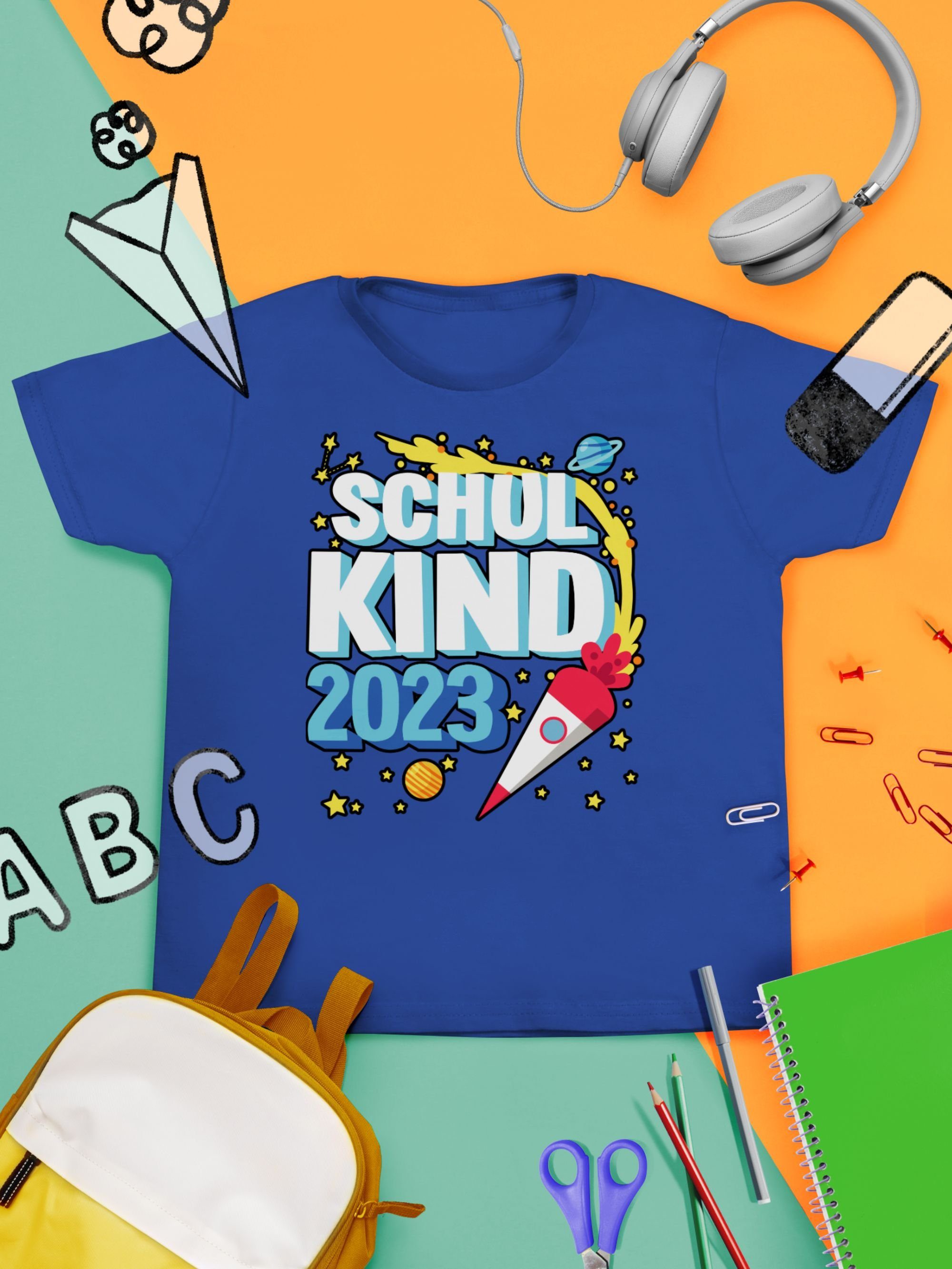 Schulkind schwarz und Royalblau T-Shirt - Junge 2023 Sternen Endlich Shirtracer Schulanfang 1 mit Rakete Einschulung Geschenke